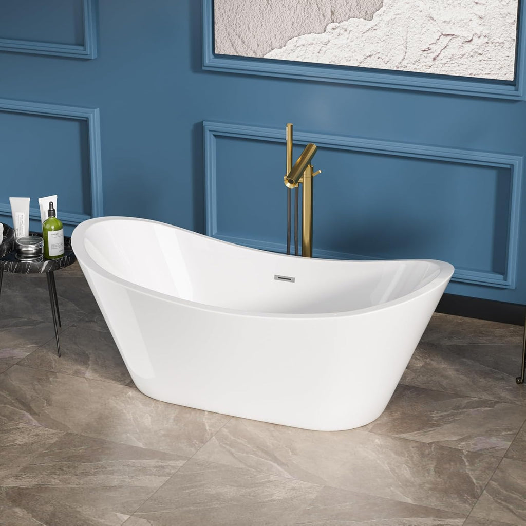 Sarlai 67 Inch Acrylic Freestanding Soaking Bathtub Contemporary Soaking White Tub Stand Alone Ergonomic Bathtub with Chrome Drain and Overflow
