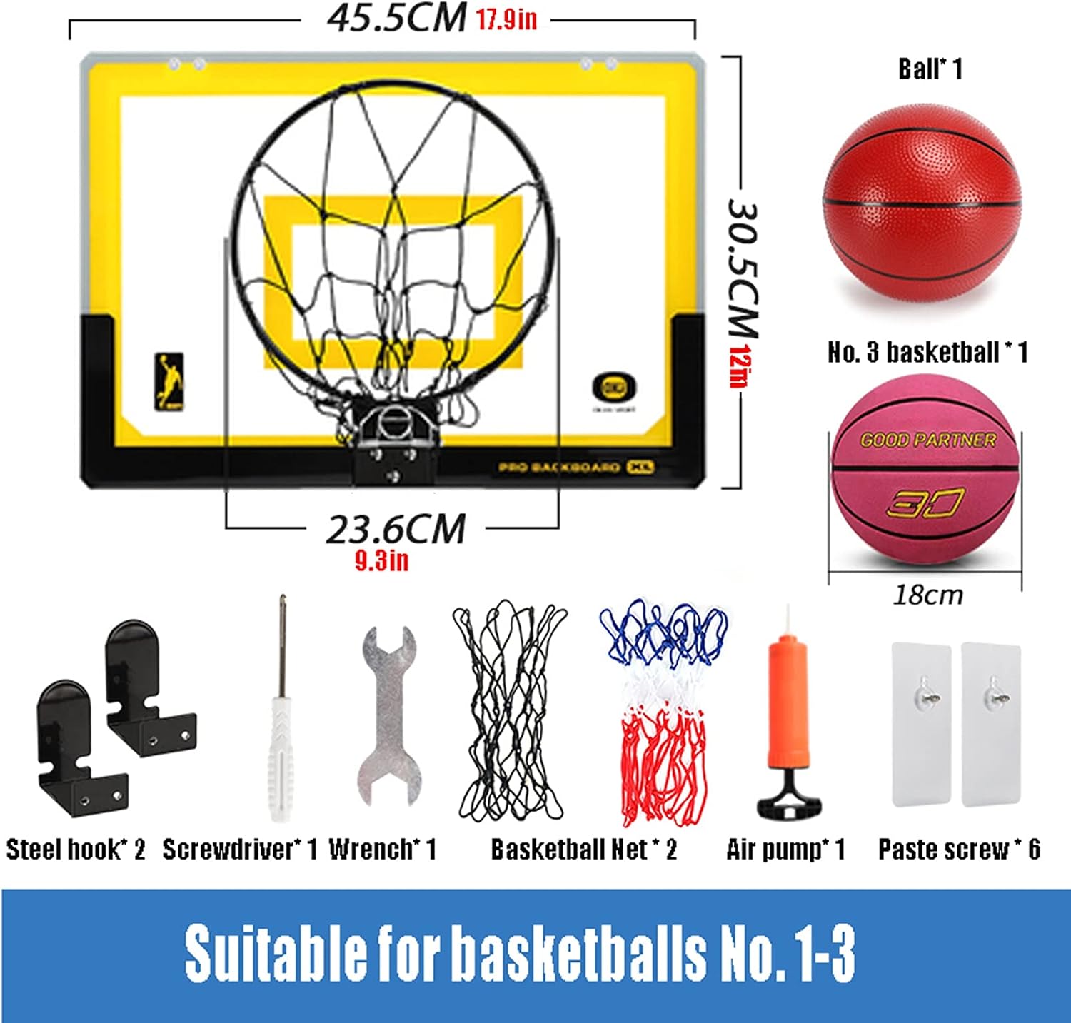 Mini Basketball Hoop Kit, Foldable Indoor and Outdoor Wall-Mounted Basketball Stand Without Punching Installation, with 2 Balls (Size : 17.9x12in)