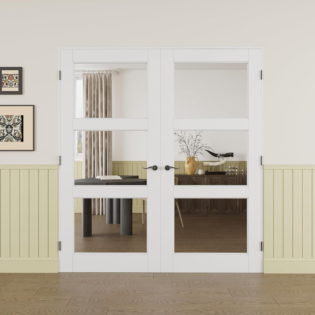Prehung French Door 72' x 80' (2x36 in), 3-Lite Tempered Clear Glass Door Slabs with Jamb, Black Hinges, 4 Levers & Latch, Solid Core Interior Door, Pre-Finished & Paintable,Double Doors Interior
