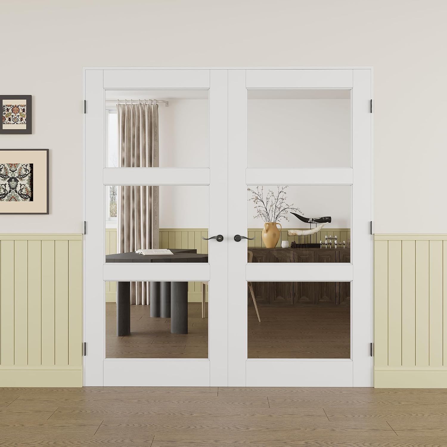 Prehung French Door 72' x 80' (2x36 in), 3-Lite Tempered Clear Glass Door Slabs with Jamb, Black Hinges, 4 Levers & Latch, Solid Core Interior Door, Pre-Finished & Paintable,Double Doors Interior