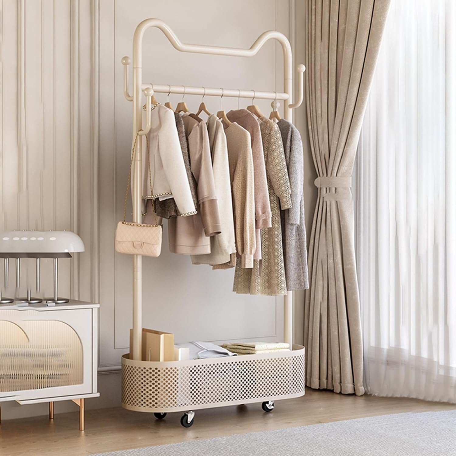 Modern Garment Rack, Clothes Rack, Clothing Rack, Rolling Garment Rack with Shelf, Portable Closet Wardrobe Rack, for Bedroom,Living Room,Clothing Store(White,60cm/23.6in)