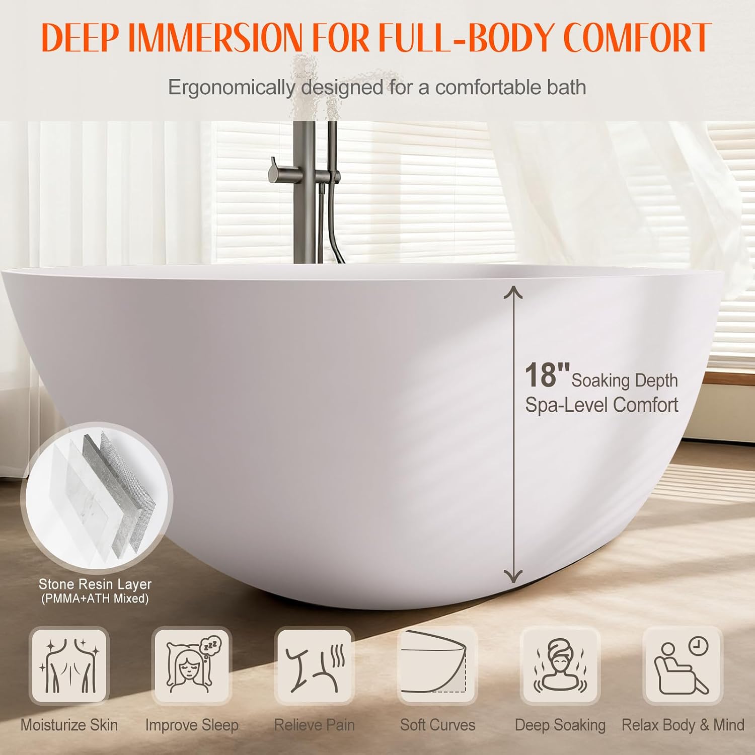 Stone Resin Freestanding Bathtubs,67'Solid Surface Matte White Contemporary Luxury Free Standing Oval Soaking Tub,Egg Shell Bathroom decor Bath tub with Drain & Integrated Slotted Overflow