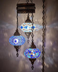 DEMMEX Plug-in Turkish Hanging Lamp, Handmade Moroccan Mosaic Chandelier Pendant Light Fixture with 15-ft Cord & Chain, Decorative Ceiling Lamp for Living Room, Bedroom, 3 Large 7'' Globes, 3.5 ft.