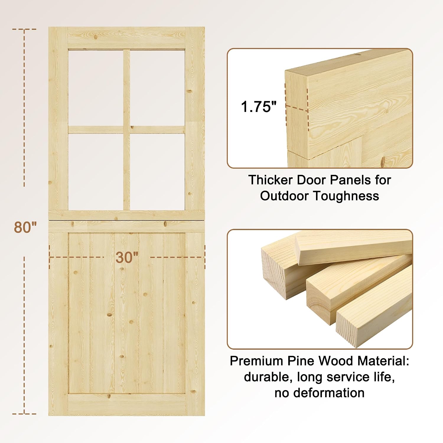 Exterior Prehung Dutch Door, 30' x 80', Universal 4 Lite Tempered Clear Glass Split Single Doors, Solid Core Home Entry Door, Natural Pine Wood - with 4 Hinges & 1 Latch & Jamb, Jamb Assembly Needed