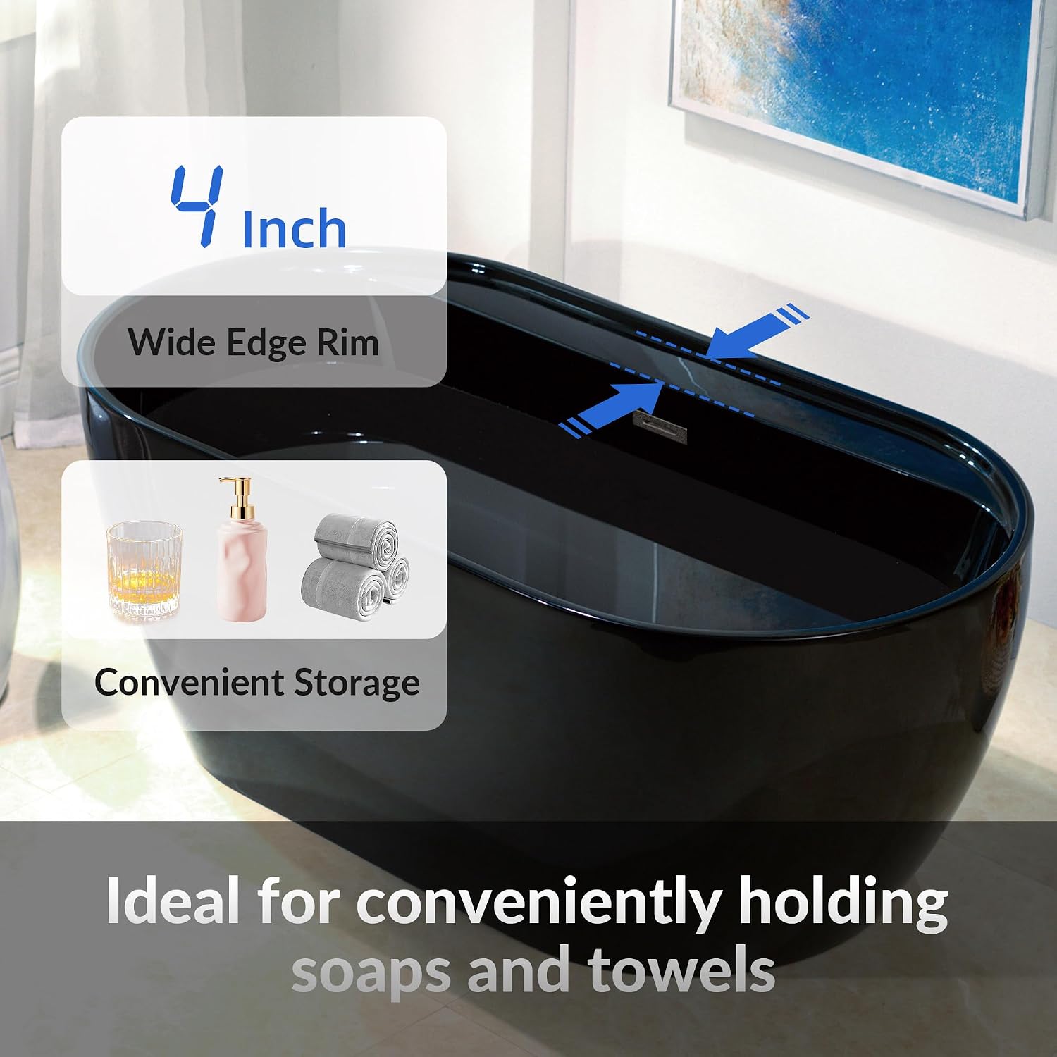 WOODBRIDGE 59' L x 31-1/2' W Freestanding Contemporary Acrylic Soaking Bathtub in Glossy Black Inside and Outside with Brushed Nickel Drain & Overflow,B8864-BN