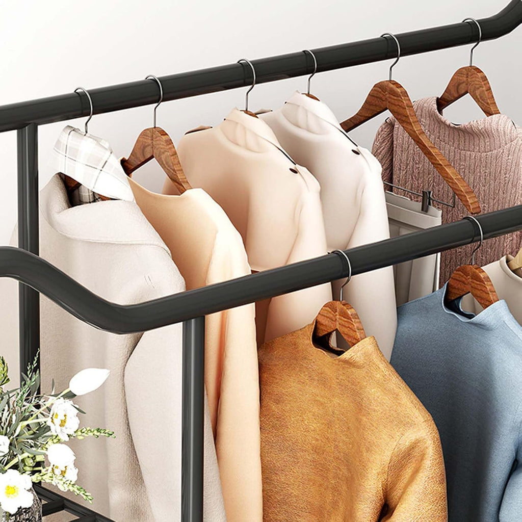 YSUEFIJO Heavy Duty Clothes Rack for Hanging Clothes, Double Rod Clothing Garment Rack, Portable Clothing Rack Metal, Free Standing Wardrobe Rack, Multi-Functional Bedroom Clothes Rack