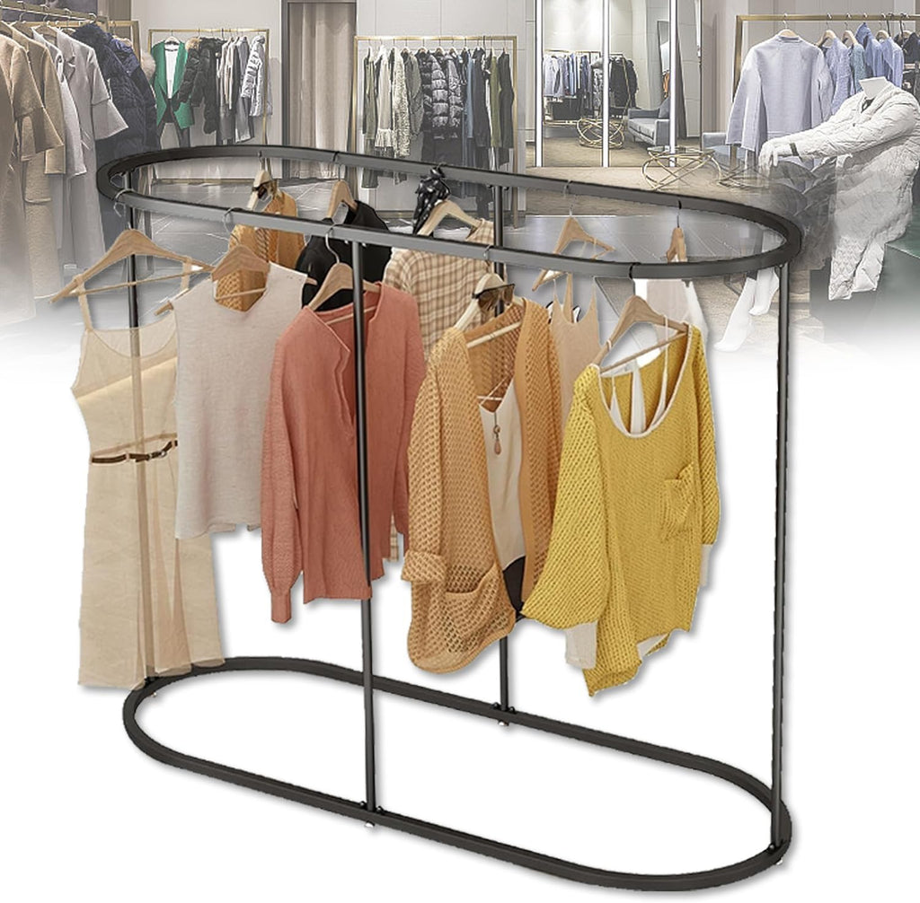 Heavy Duty Oval Garment Rack, Floor Commercial Retail Clothing Rack for Clothes Storage, Iron Multi-Functional Bedroom Clothing Rack, for Boutiques Display, Hallway Entryway,Black