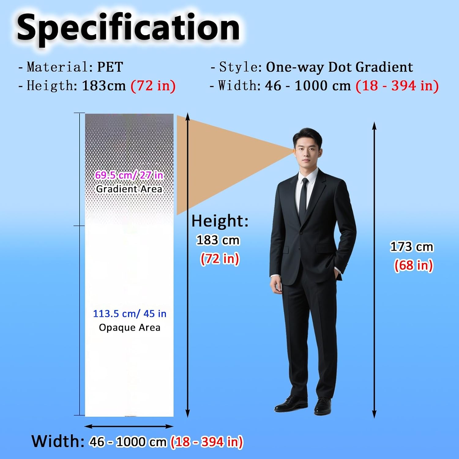 Gradient Window Film One Way Gradient Dot Patterns Privacy Film, 72 in Tall Frosted Window Gradual Clings, Non-Adhesive Glass Sticker for Hotel Office Shower Door(W 360in/914cm)