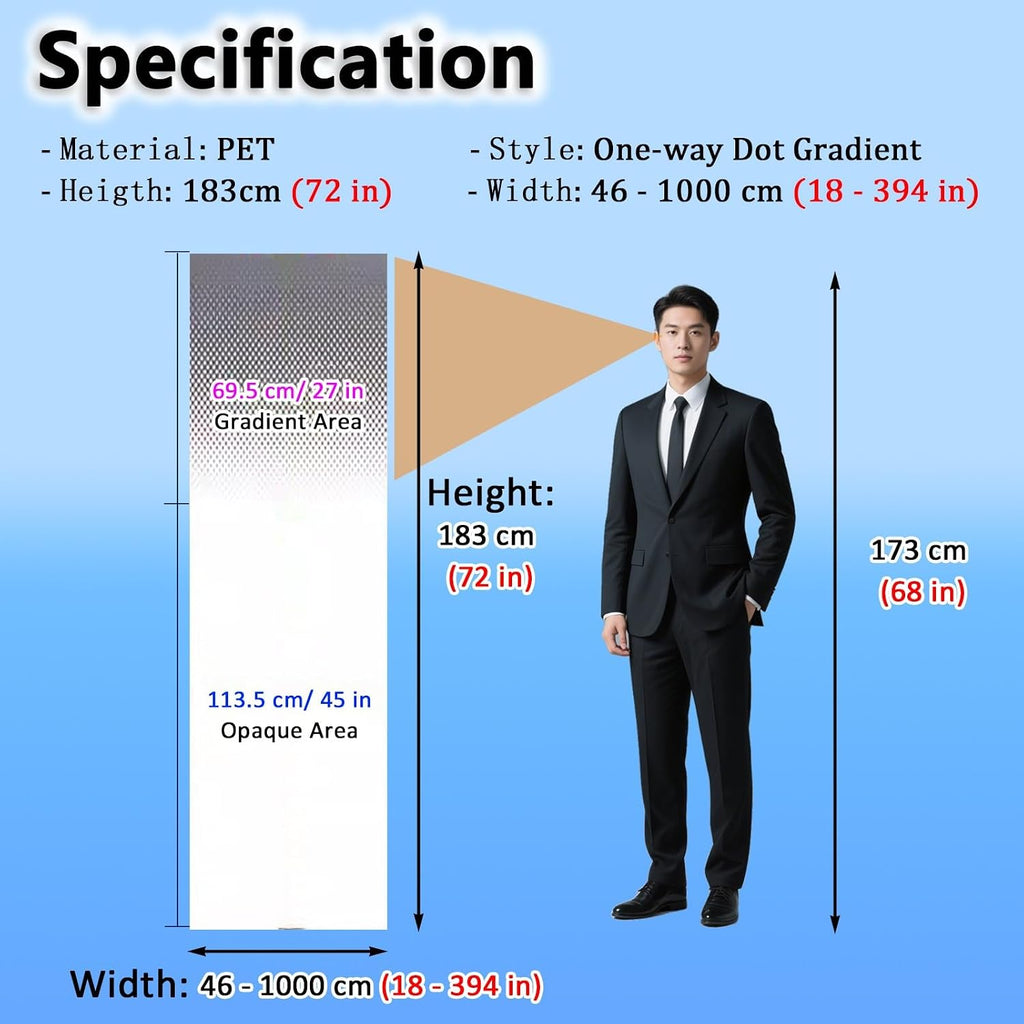 Gradient Window Film One Way Gradient Dot Patterns Privacy Film, 72 in Tall Frosted Window Gradual Clings, Non-Adhesive Glass Sticker for Hotel Office Shower Door(W 232in/589cm)