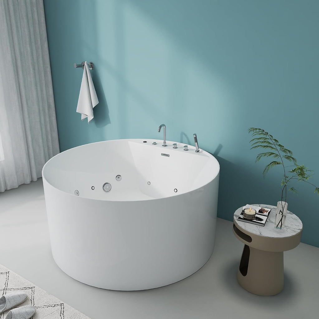 Premium 47' X 47' Freestanding Whirlpool Acrylic Bathtub with Overflow and Drain, Round White Free Standing Tub With Faucet, Chromatherapy LED Lights