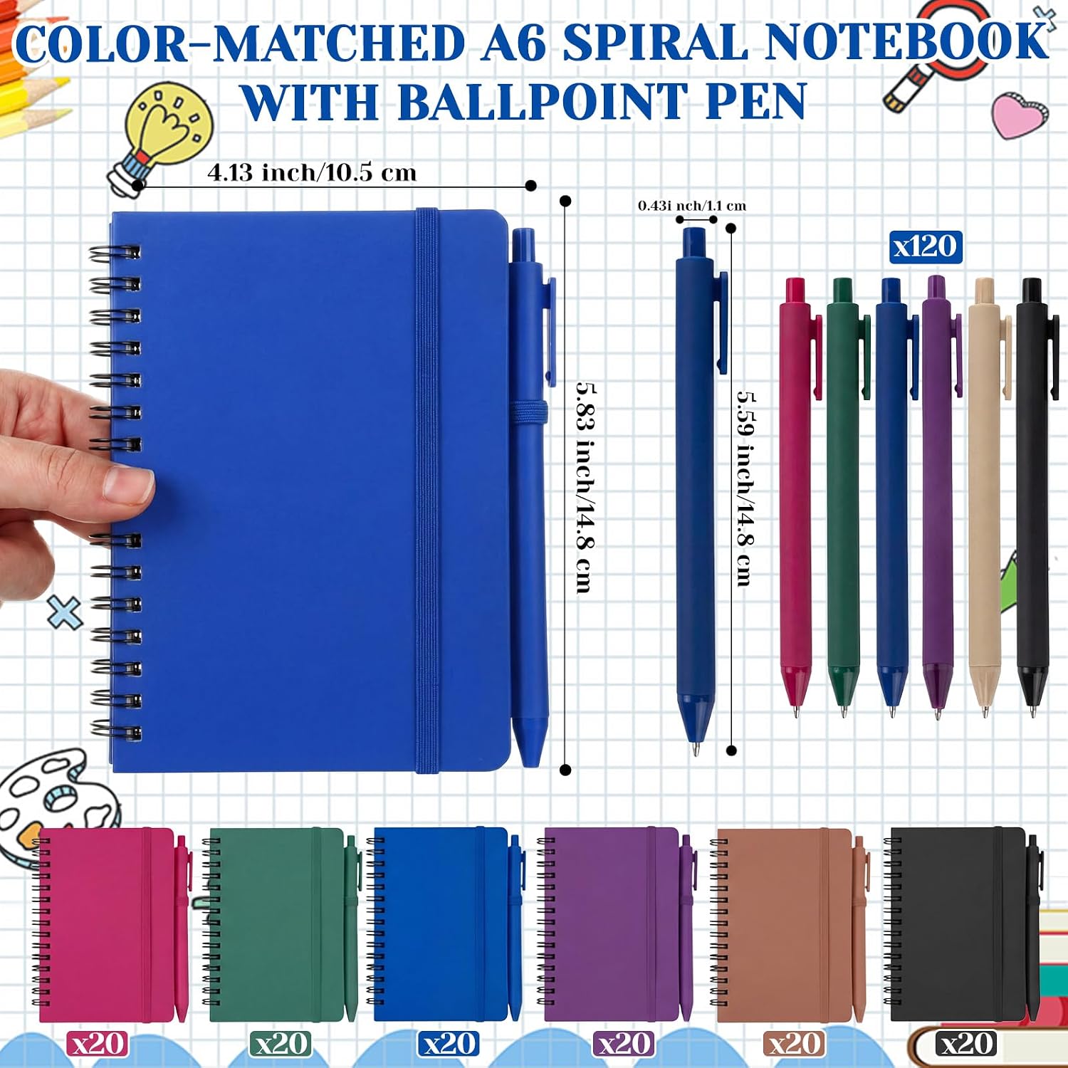 Fulmoon 120 Set Small Spiral Notebooks A6 with Pens Bulk, Multicolor 4' x 6' Pocket Notebooks Mini Lined Journals 50 Sheets for Back to School Supplies Students Rewards Office Gifts (Deep Tones)