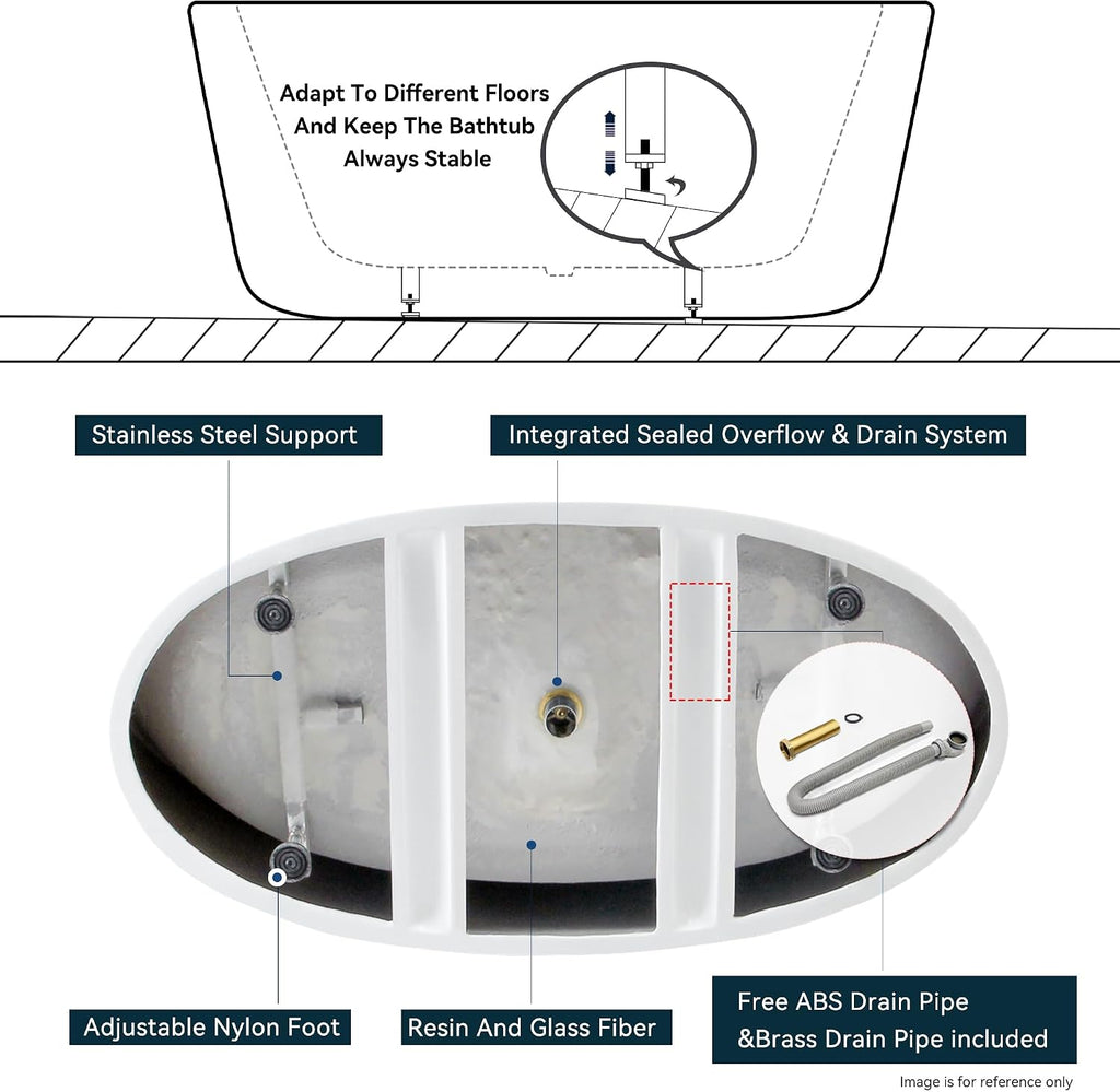 FerdY Tahiti 55' Acrylic Freestanding Bathtub, Elegant Oval Shape Soaking Bathtub, Glossy White, Brushed Nickel Drain & Integrated Slotted Overflow Assembly Included cUPC Certified