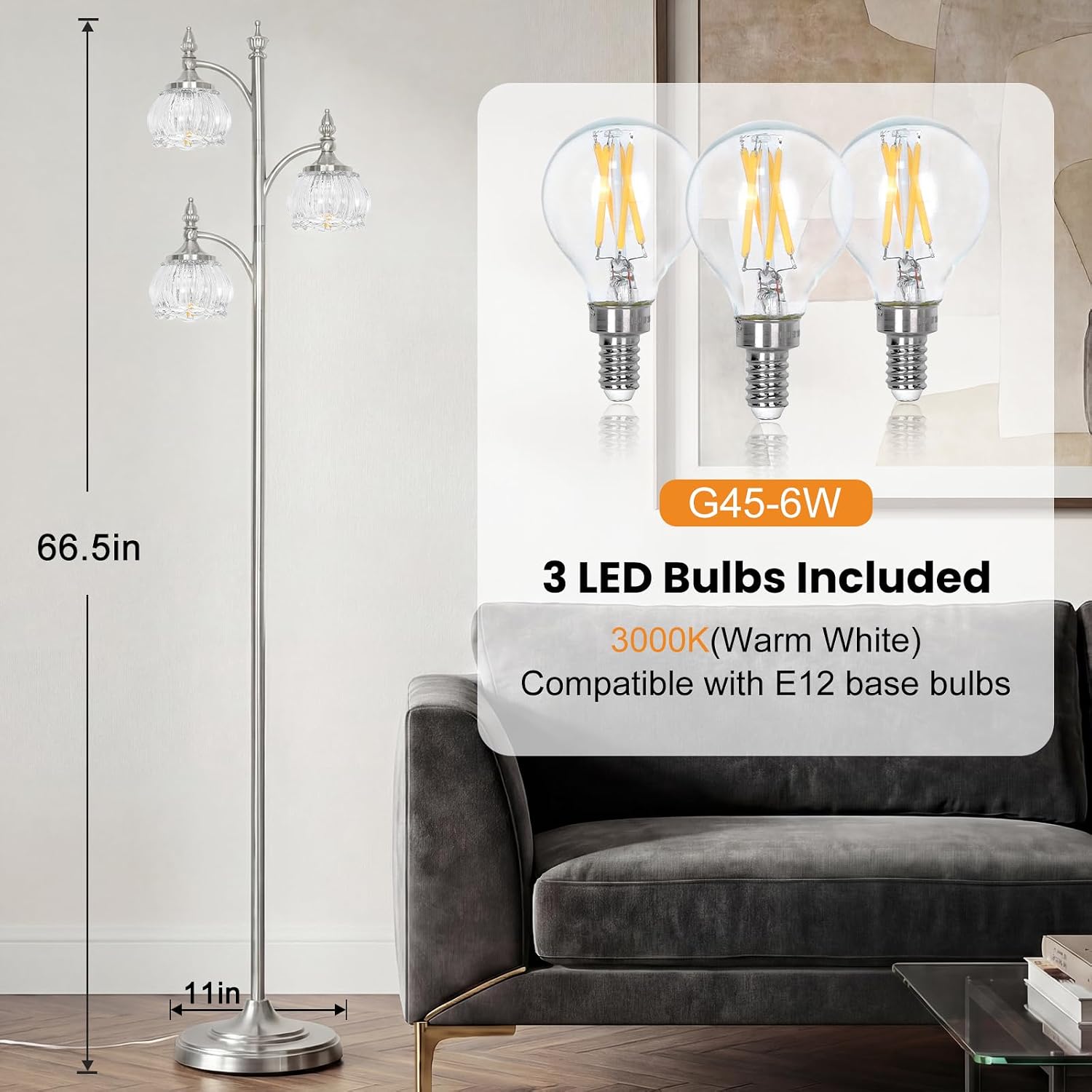 JUNNAI Brushed Nickel Floor Lamps for Living Room Silver Flower Standing Lamp with 3 Brightness Lights Glass Shades 66.5in Lamp for Bedroom Office(3LED Bulbs Included)