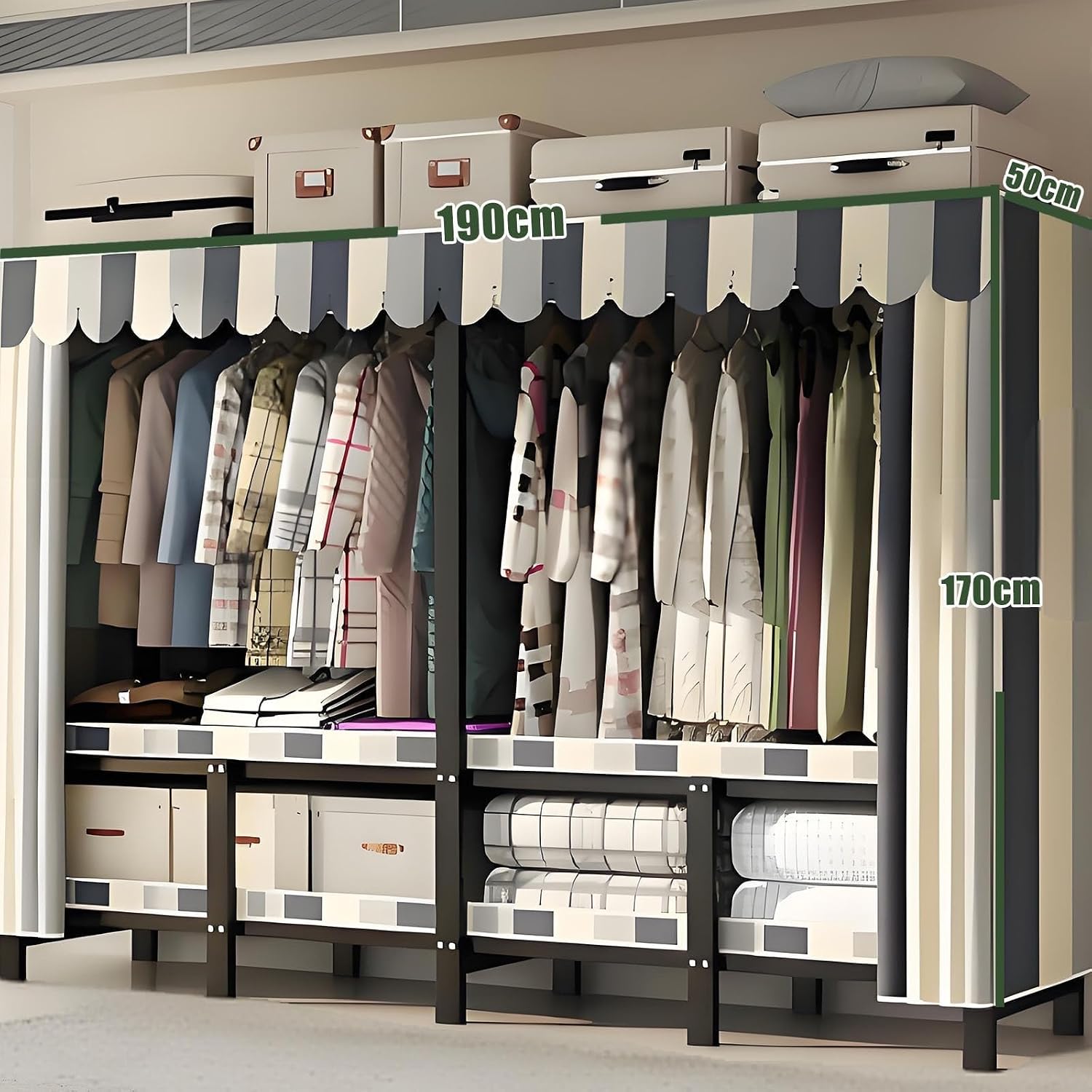 Foldable Drying Rack - Strong and Durable Portable Wardrobe Closet Rack with Cover, Large Metal Canvas Wardrobe Closet, Wardrobe Clothes Organizer, for Hanging Clothes(190 * 50 * 170cm)