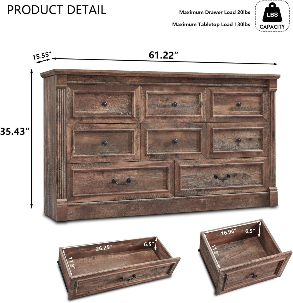Aitjunz 8 Drawers Dresser for Bedroom, Farmhouse 61' Wide Dressers & Chests of Drawers w/Roman Column, Large Storage Dressers Organizer w/Two Different Drawer Sizes for Bedroom,Living Room,Light Brown