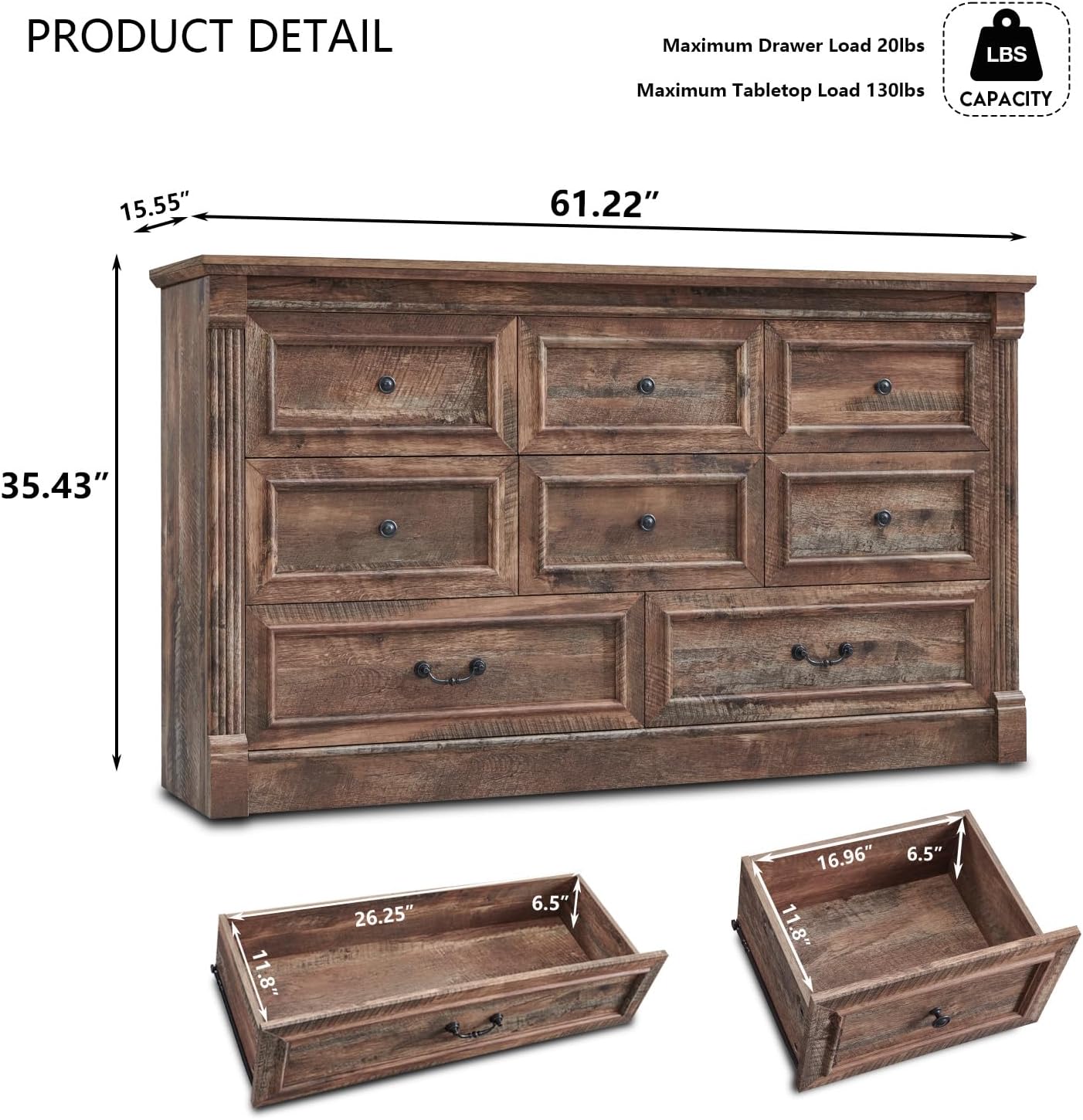 Aitjunz 8 Drawers Dresser for Bedroom, Farmhouse 61' Wide Dressers & Chests of Drawers w/Roman Column, Large Storage Dressers Organizer w/Two Different Drawer Sizes for Bedroom,Living Room,Light Brown