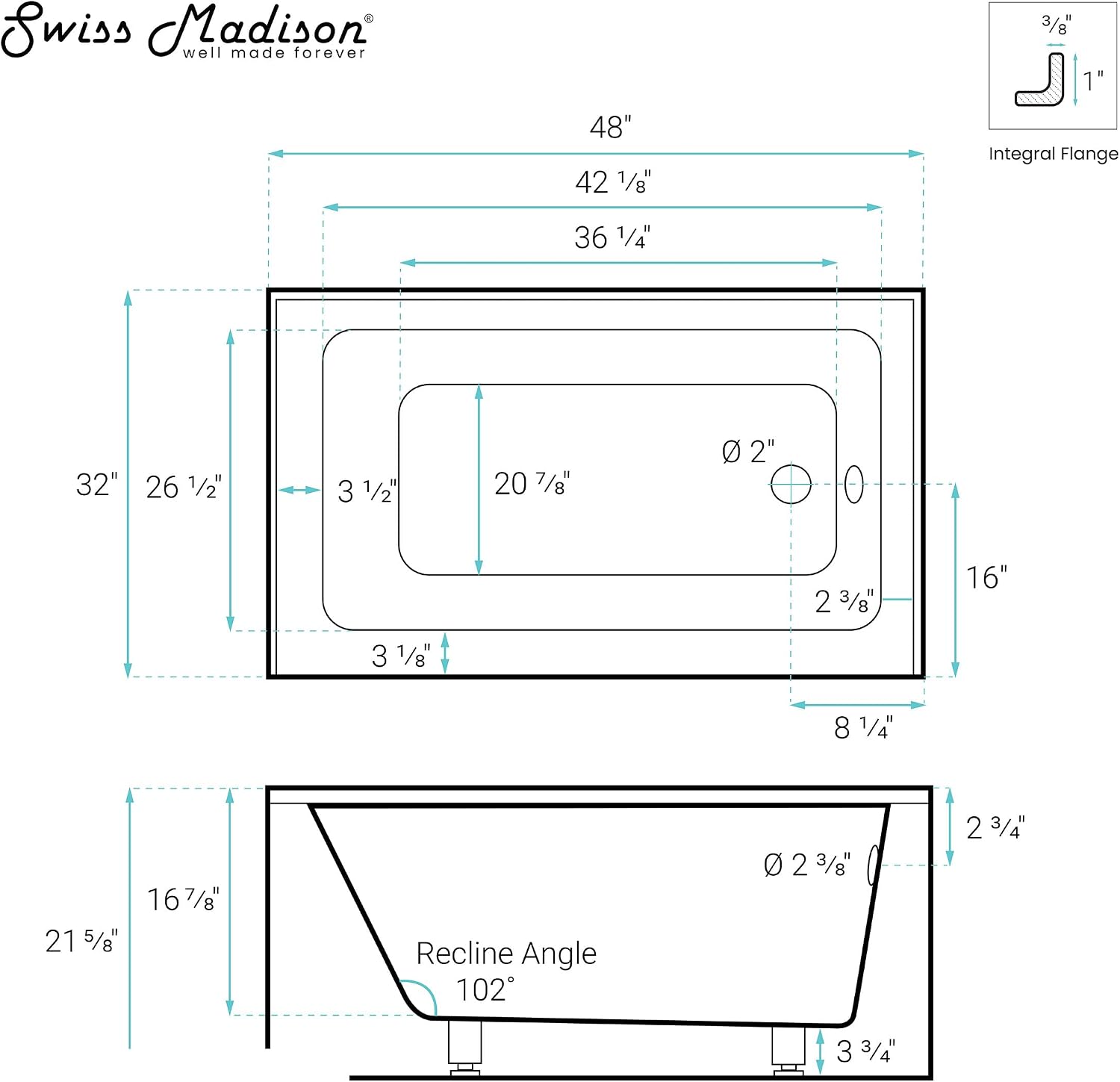 Lausanne 48' X 32' Right-Hand Drain Alcove Bathtub with Apron in Matte Black