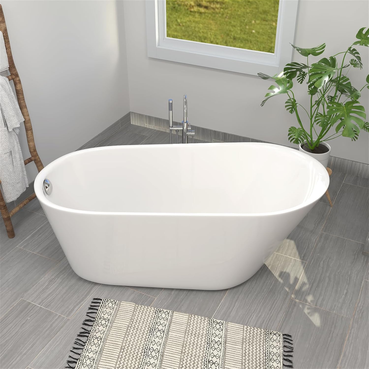 65' Acrylic Freestanding Bathtub, Single Slipper Free Standing Tub, Soaking Tub with Integrated Slotted Overflow, Toe-Tap Chrome Drain, cUPC Certified, Glossy White
