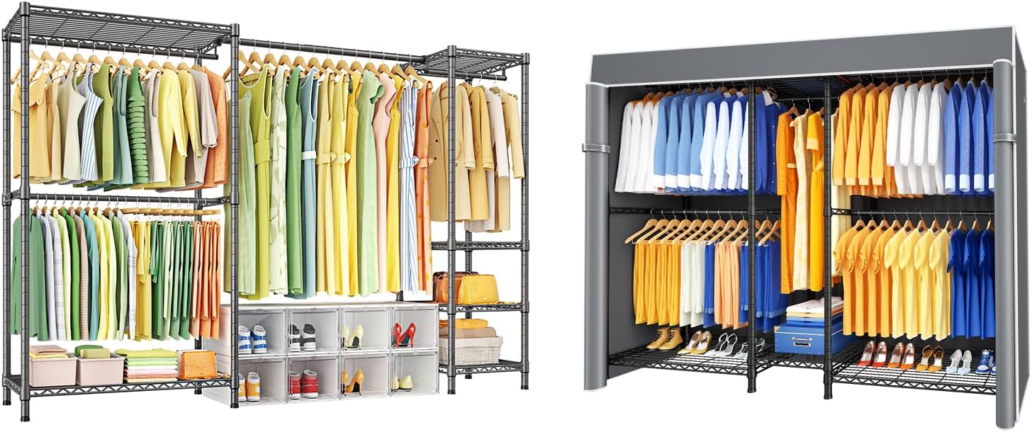 Ulif E10 (With Stretchable Hanger Rod) and E12C (With Black Dustproof Cover) Heavy Duty Closet Organizer System, Freestanding Clothing Rack for Hanging Clothes, Adjustable Garment Rack