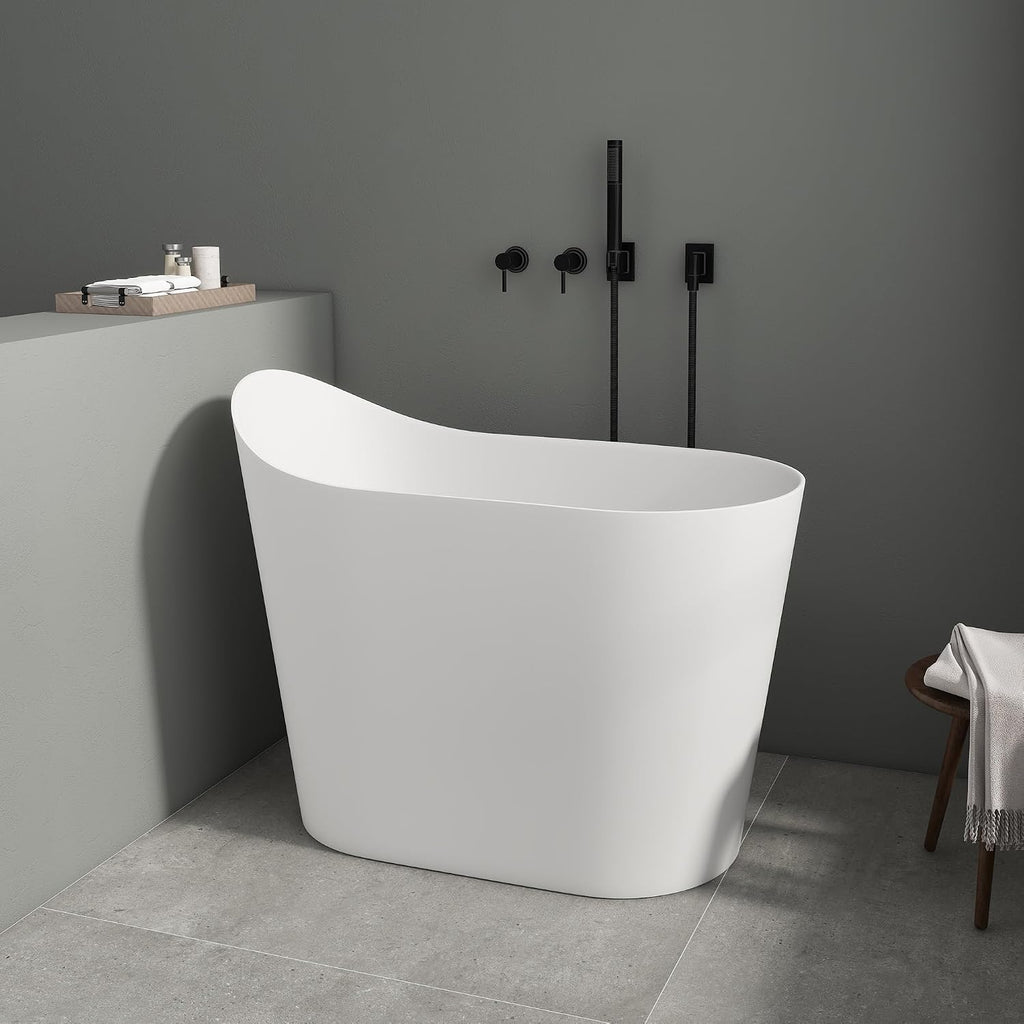 SJ Star&Jane 43' Solid Surface Japanese Soaking Bathtub Stone Resin Freestanding Tub Deep Soaking Bathtub Sit-In Design with Drain