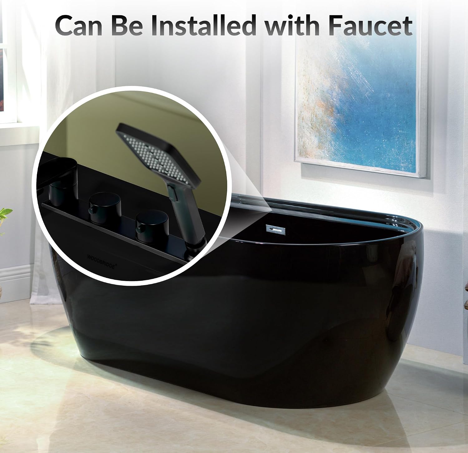 WOODBRIDGE 67' L x 31-1/2' W Freestanding Contemporary Acrylic Soaking Bathtub in Glossy Black Inside and Outside with Chrome Drain & Overflow,B8863-C