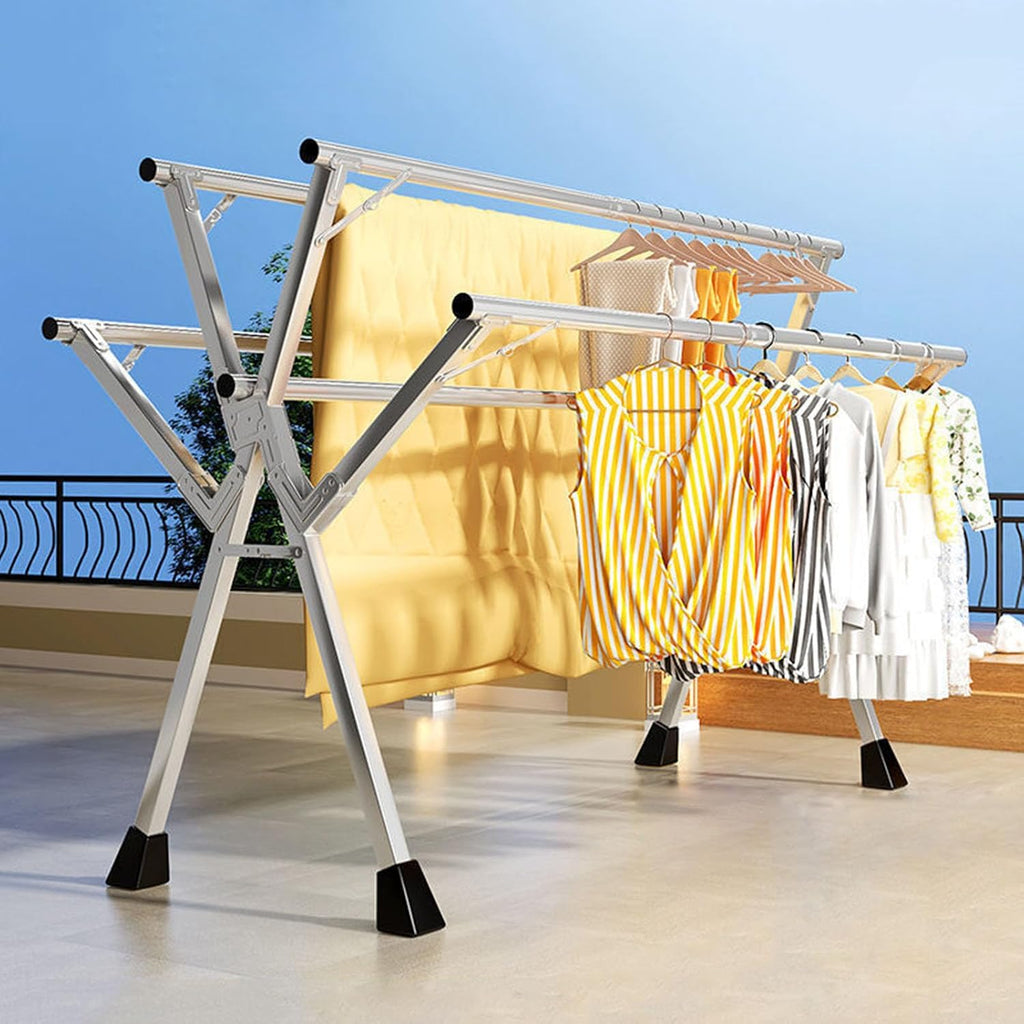 Clothes Drying Rack Foldable 5 Rods Indoor Outdoor Garment Racks - Stainless Steel Standing Dry Racks - Drying Rack for Bed Linen, Clothing, Socks, Shoe,Without Wheels,2M/6.56FT