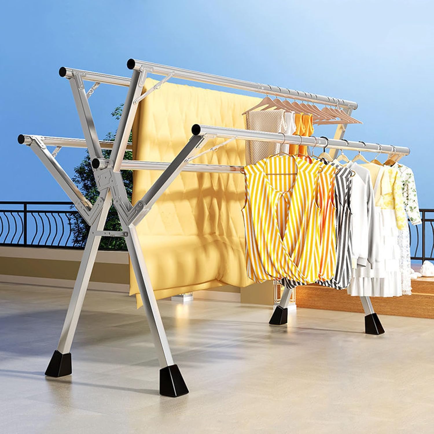 Clothes Drying Rack Foldable 5 Rods Indoor Outdoor Garment Racks - Stainless Steel Standing Dry Racks - Drying Rack for Bed Linen, Clothing, Socks, Shoe,Without Wheels,2M/6.56FT