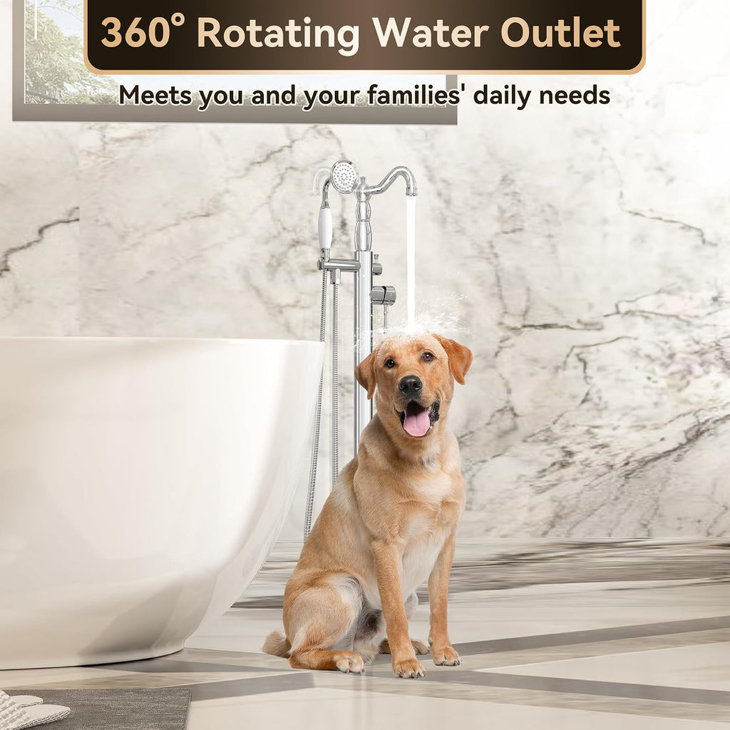 SUPERFLO Freestanding Bathtub Faucet Chrome Tub Fillers Freestanding, Brass Free Standing Tub Faucet Floor Mounted Tub Faucet With Ceramic Retro Hand Shower & Water Hose
