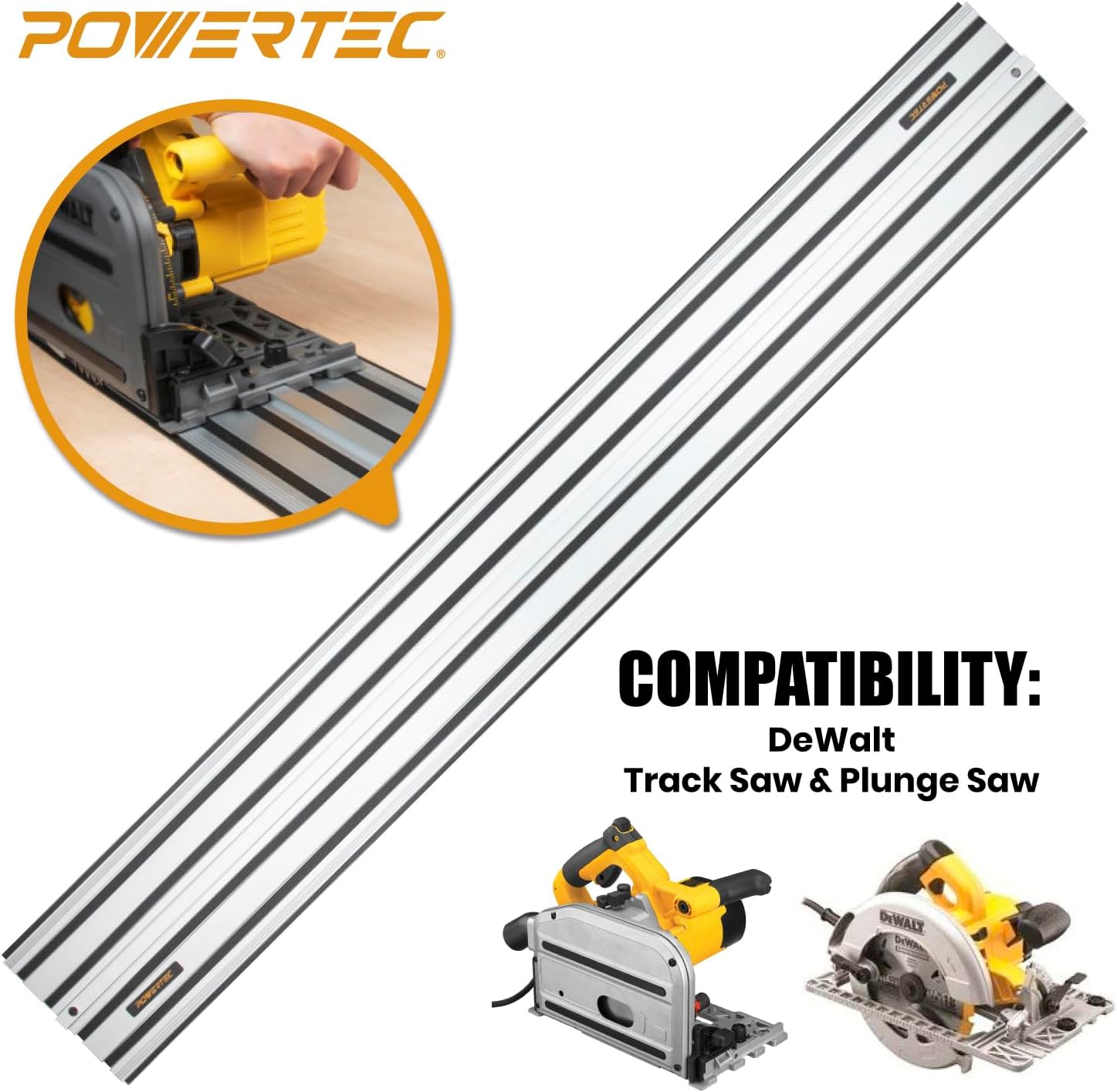 POWERTEC 110' Track Saw Guide Kit for DeWalt, Includes 2PK 55' Guide Rails, 1PK Guide Rail Connector, and 2PK 7' Track Saw Clamps (72059)