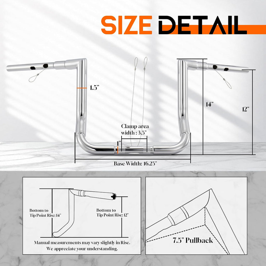 1 1/2 Inch Street Glide Handlebar 12' Rise Right-angle Bar 1.5' Fat 1' Clamp Ape Hangers for Harley 2023-later CVO Street Glide FLHXSE & 2024 2025 2026 FLHX Models, Chrome