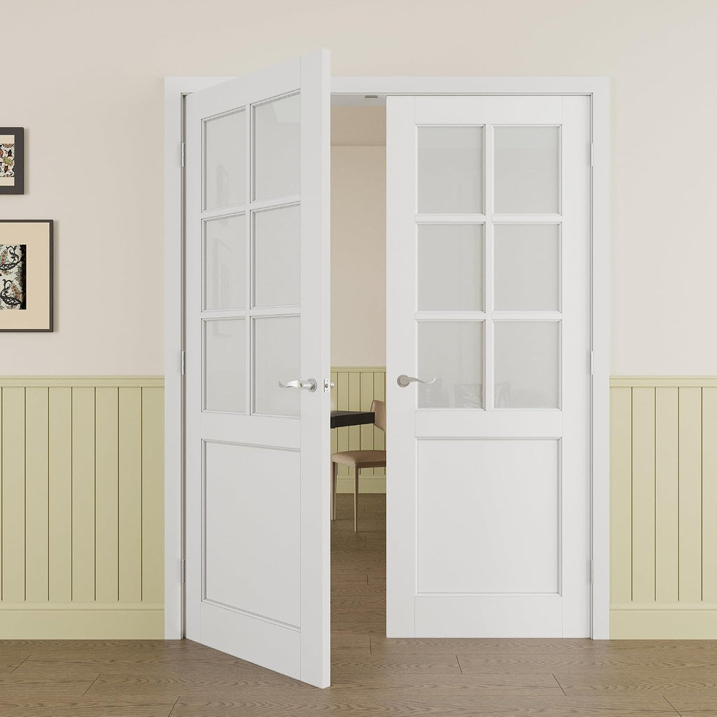 Prehung French Door 60'x80' (2x30 in), Tempered Frosted Glass Door Slabs with Jamb, Silver Hinges, 4 Levers & Latch, Solid Core Interior Door, Pre-Finished & Paintable, MDF Double Doors Interior