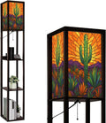 Floor Lamp with Shelves Geometric Western Cactus Stained Glass Design Standing Tall Lamp USB Ports & Power Outlet Modern Corner Lamp Nightstand Light for Living Room Bedroom
