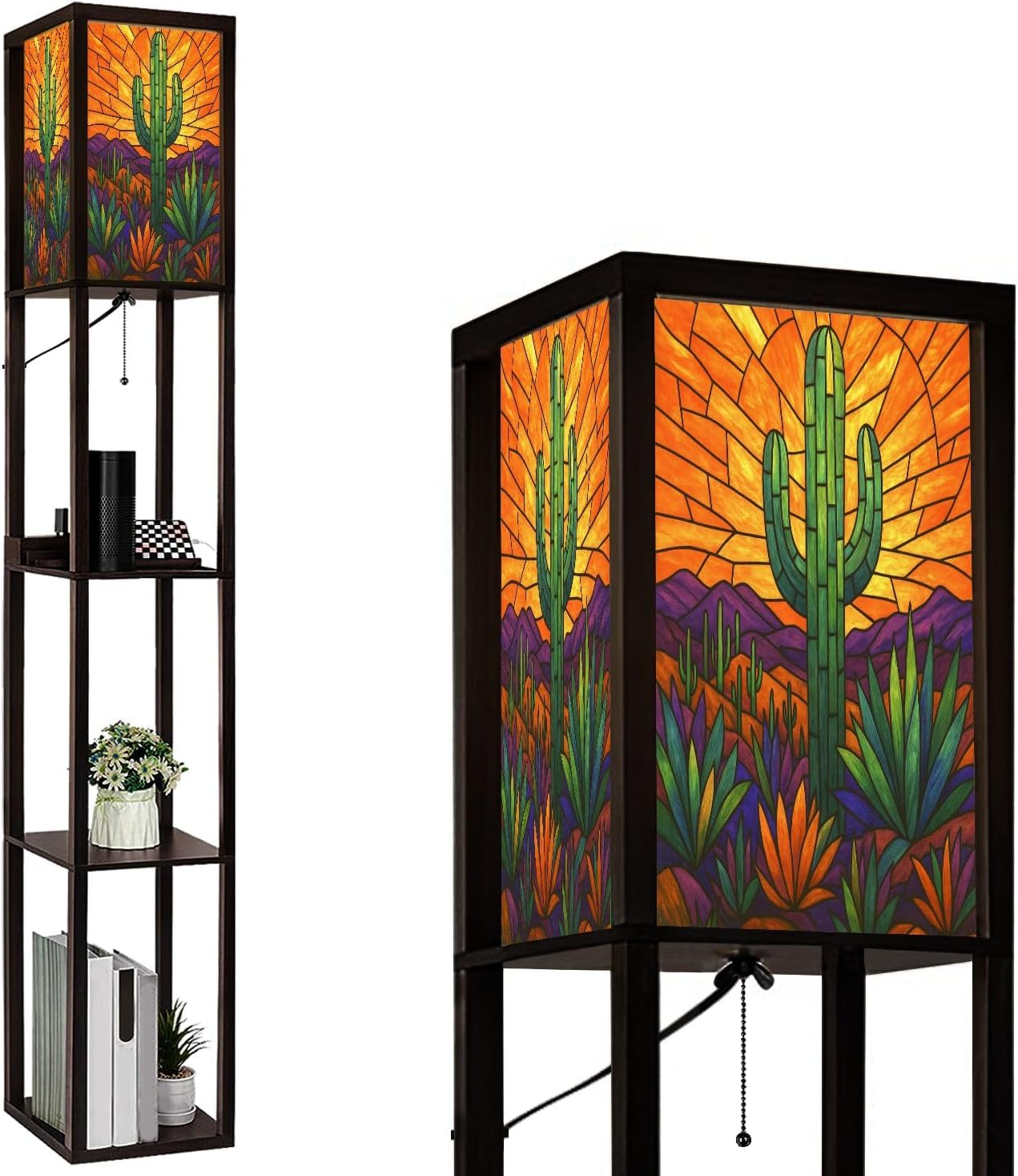 Floor Lamp with Shelves Geometric Western Cactus Stained Glass Design Standing Tall Lamp USB Ports & Power Outlet Modern Corner Lamp Nightstand Light for Living Room Bedroom