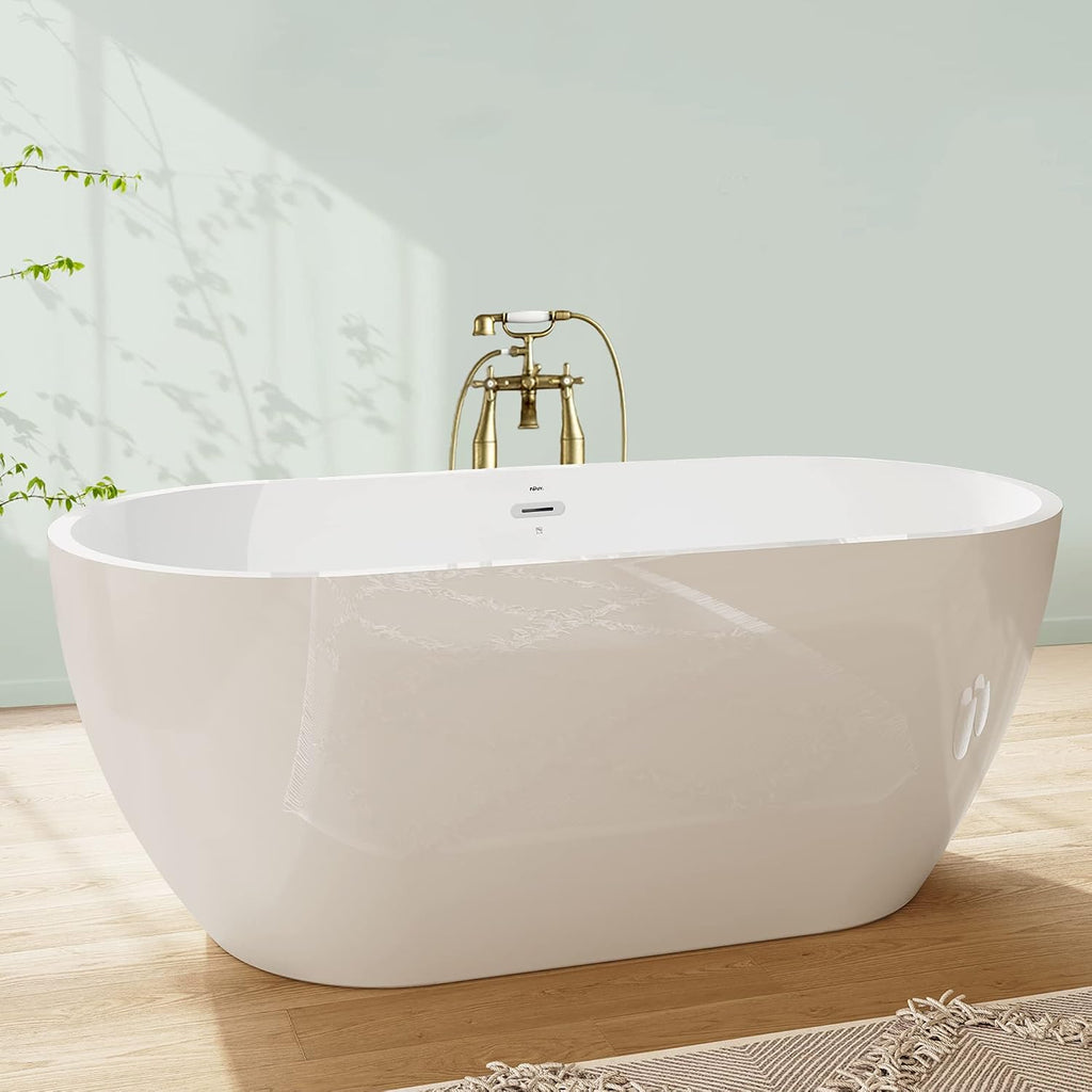 FerdY Bali 59' Acrylic Freestanding Bathtub,Gracefully Shaped Freestanding Soaking tub, Glossy White, cUPC Certified, Chrome Drain & Classic Slooted Overflow Assembly Included