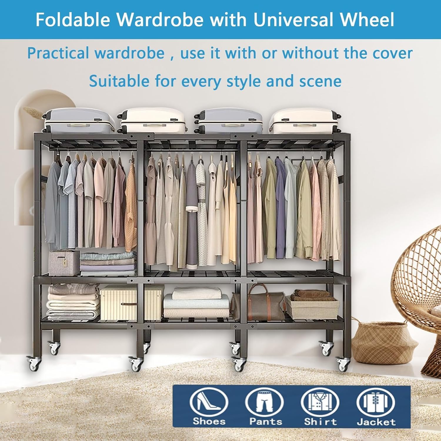 Freestanding Wardrobe Rack with Dust Cover and Wheels,Foldable Heavy-Duty Portable Closet, Multi-Functional Bedroom Clothing Rack,Max Load 1600lbs,for Hanging Clothes (190CM/74.8IN)