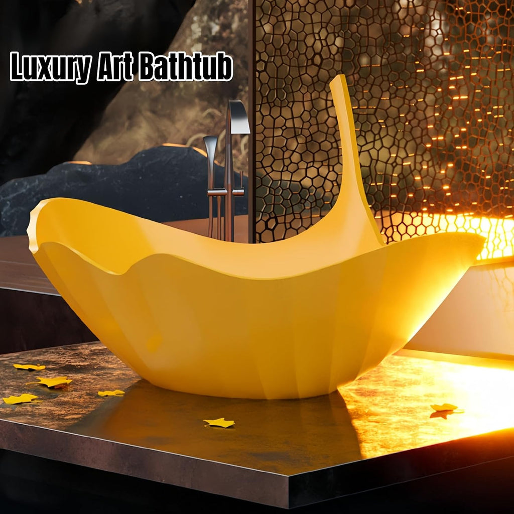67' Luxury Freestanding Bathtub - Ginkgo-Leaf Soaking Tub with Deep Immersion, Heat-Retaining Resin Construction, Seamless Design, and Artistic Solid Surface Bathtub Craftsmanship Yellow