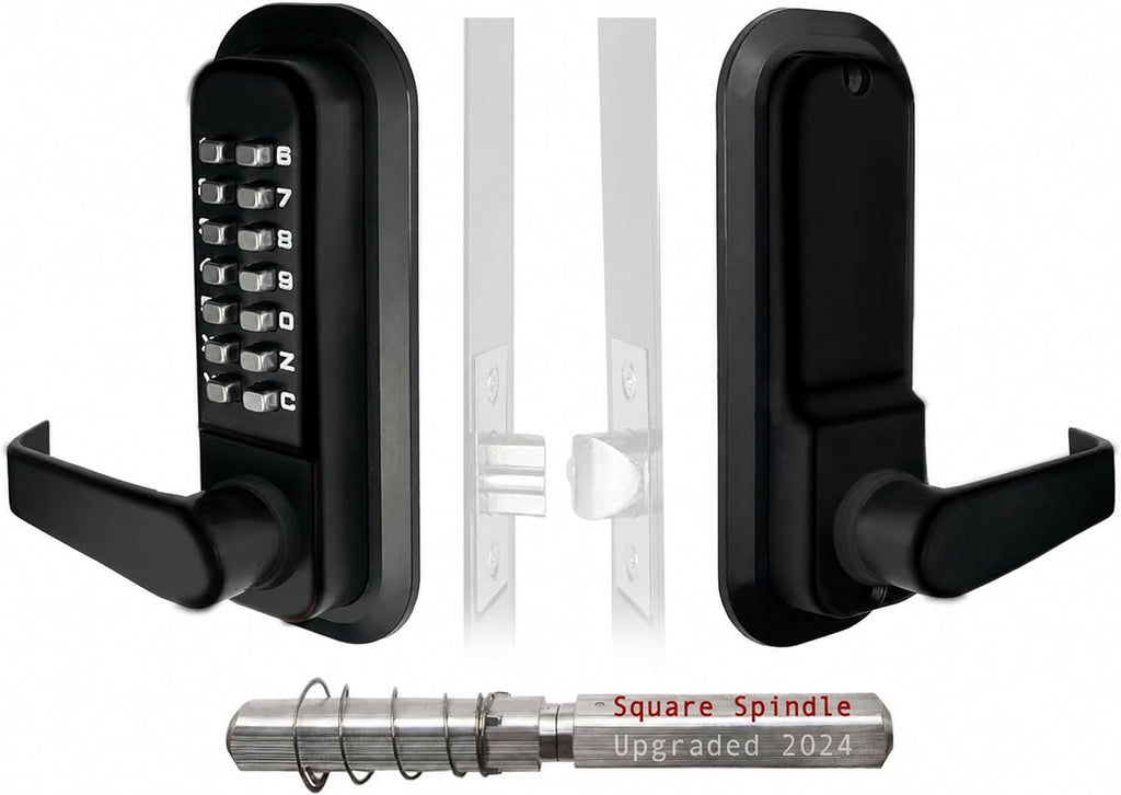 JOUNJIP Single-Sided Keyless Entry Door Lock - Bump Key Proof Mechanical Door Lock with Lever Handle - [Square Spindle] Easier Install - (Matte Black) - Outdoor Gate Lock with Keypad and Passage Mode