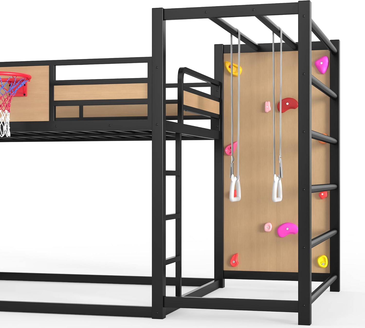 Metal Full Over Full Bunk Bed with Slide & Bookshelf, Heavy Duty Bunk Bed Frame with Basketball Hoop, Pull-Up Rings and Climbing Wall, Playhouse Bunk Beds for Boys and Girls, Yellow