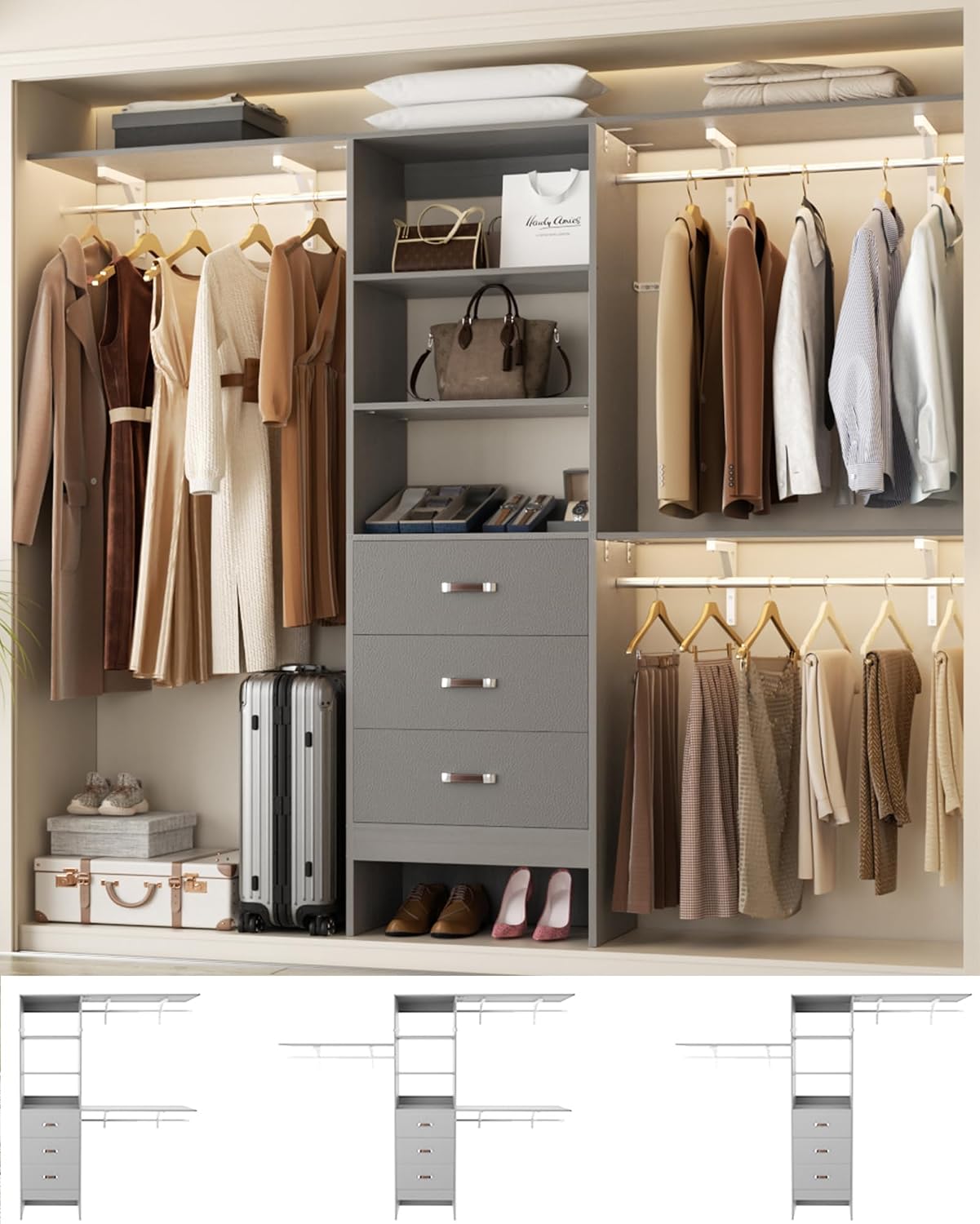 Closet System with 3 Drawers - 8FT Wood Closet Organizer with 3 Shelving Tower & Hanging Rods, 96' Walk-in Wardrobe Closet Organizer System for 4-8FT Spaces, Heavy Duty Garment Clothes Rack, Grey