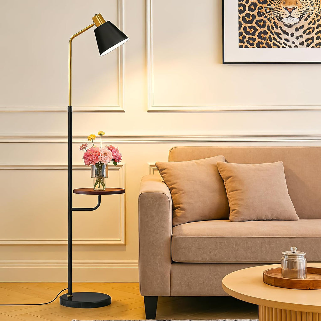 Black Floor Lamp with Walnut Side Table for Living Room Bedroom, Modern Standing Lamp 12W LED 3-Color Dimmable 3000K/4500K/6500K, Adjustable Reading Light with Shelf for Home Office Corner end