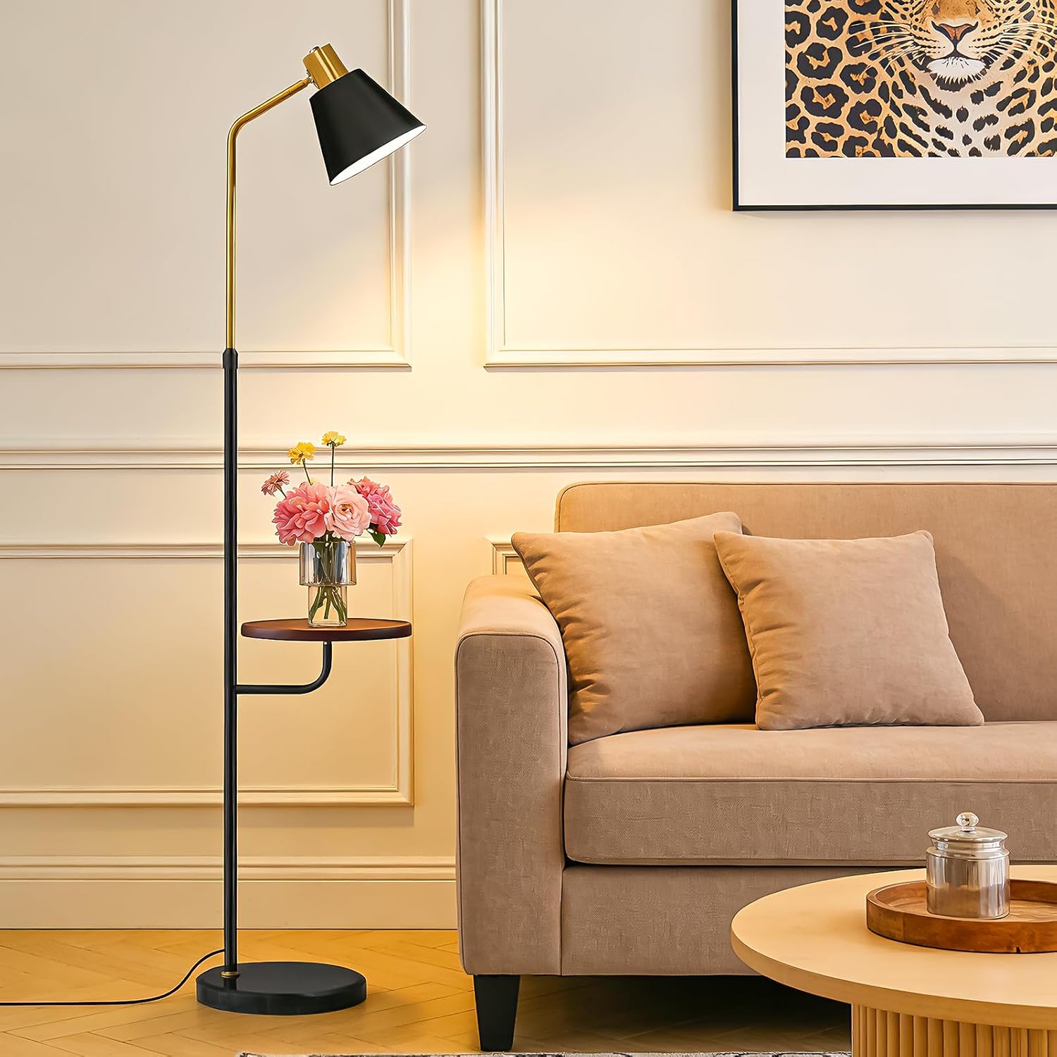 Black Floor Lamp with Walnut Side Table for Living Room Bedroom, Modern Standing Lamp 12W LED 3-Color Dimmable 3000K/4500K/6500K, Adjustable Reading Light with Shelf for Home Office Corner end