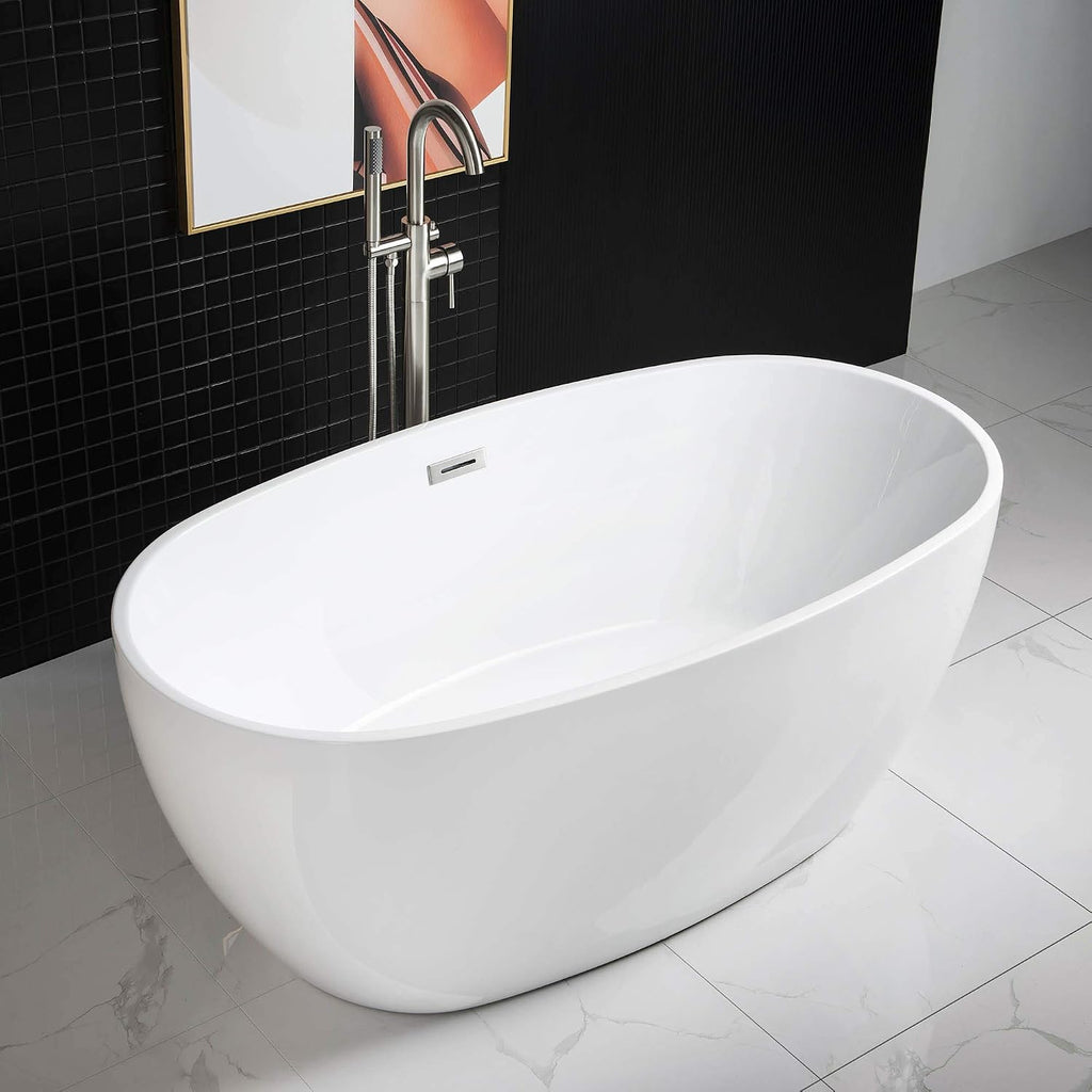 WOODBRIDGE 59'Freestanding White Acylic Soaking Bathtub with Brushed Nickel Drain and Overflow,BTA1518 -B/N-Drain &O