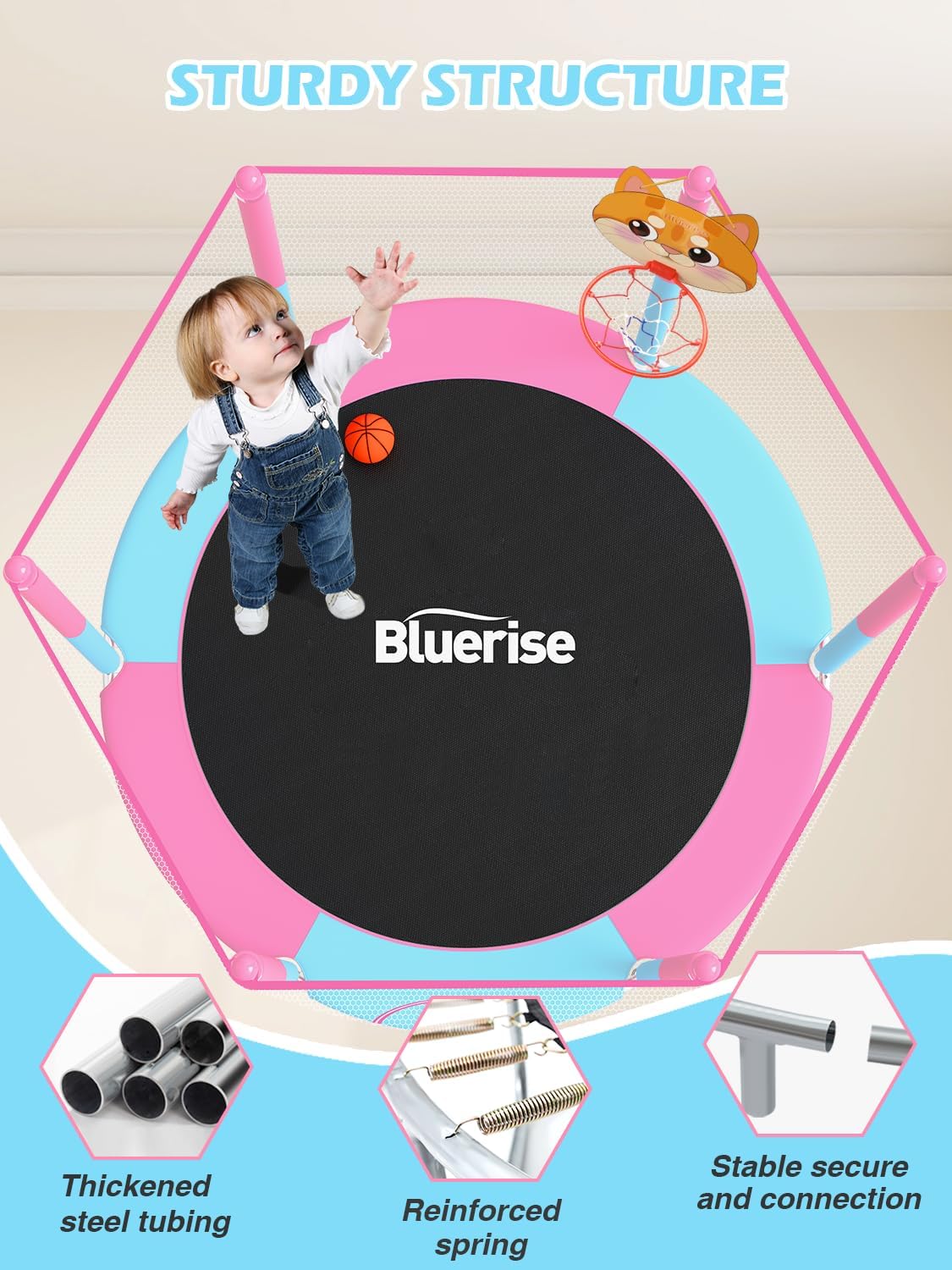 BLUERISE 60' Trampoline for Kids 5FT Toddler Trampolines Indoor/Outdoor with Adjustable Gymnastics Bar & Safety Net, No-Gap Design, Anti-Rollover Bottom, Basketball Hoop, Gifts for Boys & Girls