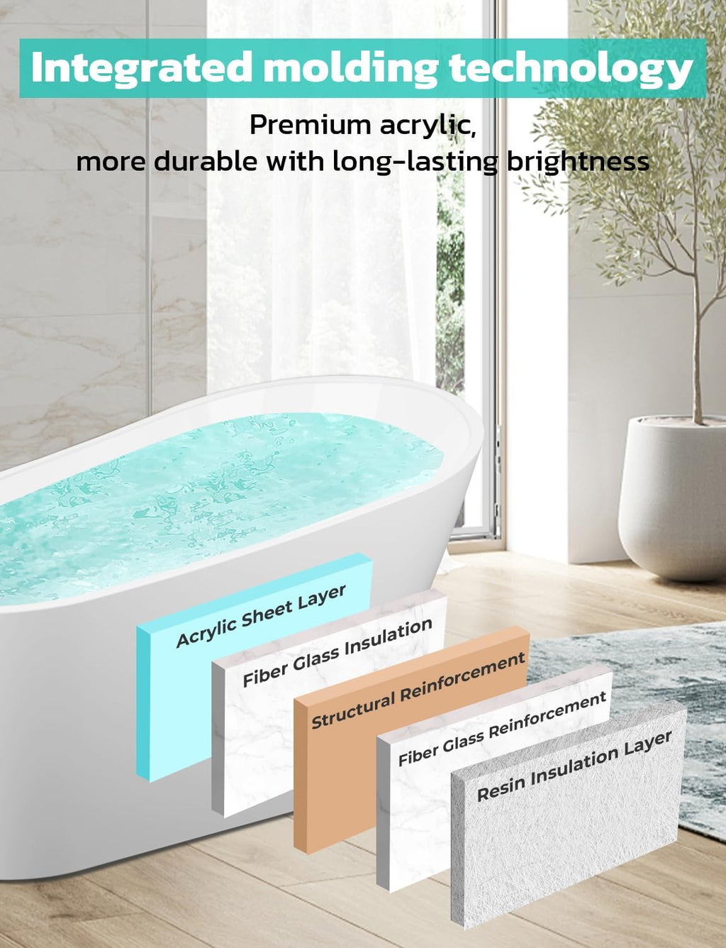 Zevemomo 59 inch Freestanding Bathtub, Acrylic Free Standing Soaking Bathroom Tub with Brushed Nickel-Finished Overflow and Drain, Easy Installation, White
