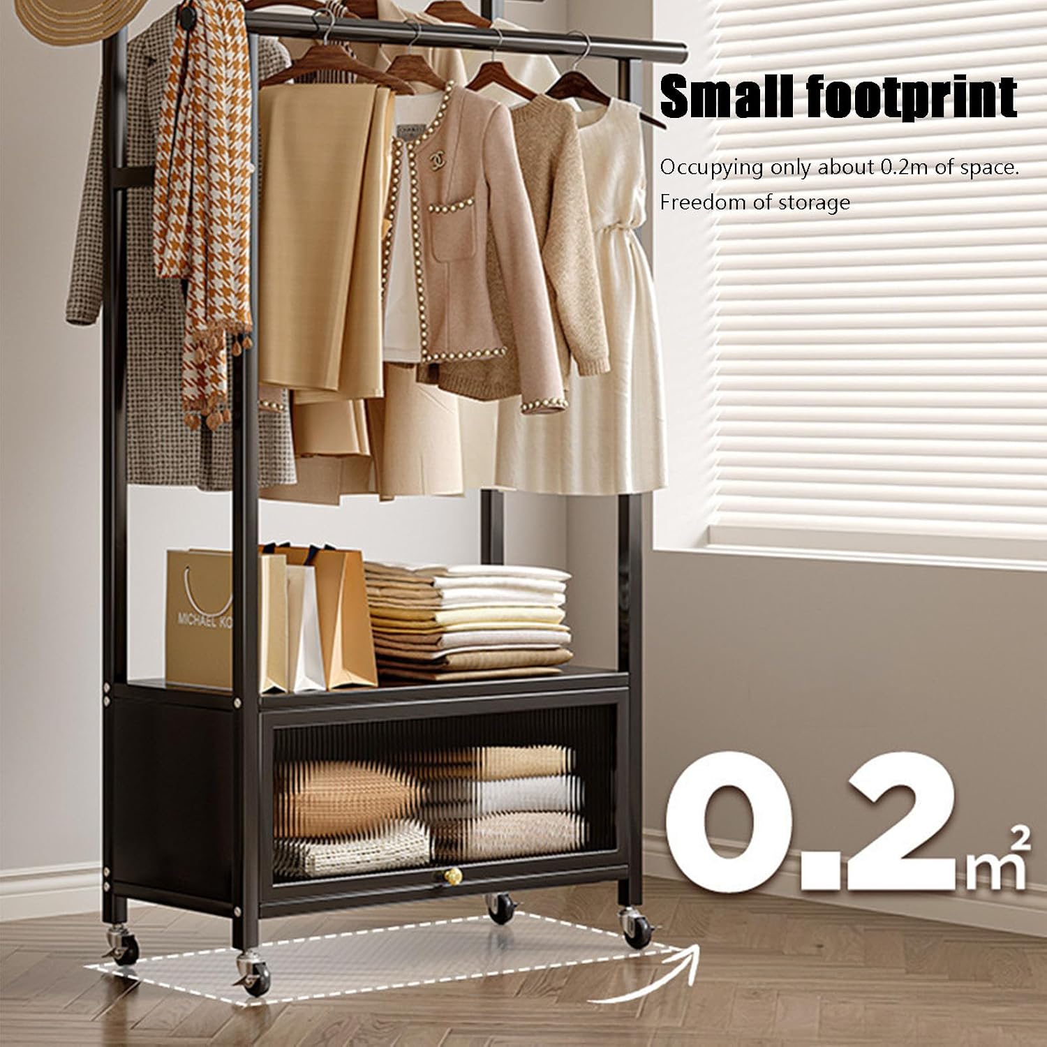 Clothing Rack, coat rack with Wheels Rolling Clothes Rack with Storage Coat Rack Stand Modern Garment Rack for Bedroom Boutiques Heavy Duty Coat Hanger Rack