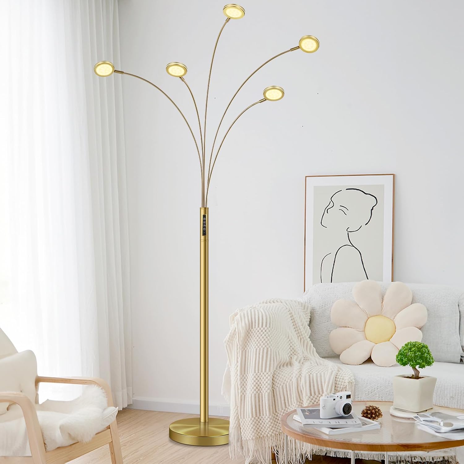 LED Arc Floor Lamp with Remote, 2250LM Dimmable Gold Floor Lamp with Timer, Adjustable Colors, Brightness & 5 Adjustable Arms, Multi-Head Tall Tree Standing Lamp for Living Room Bedroom Corner Office