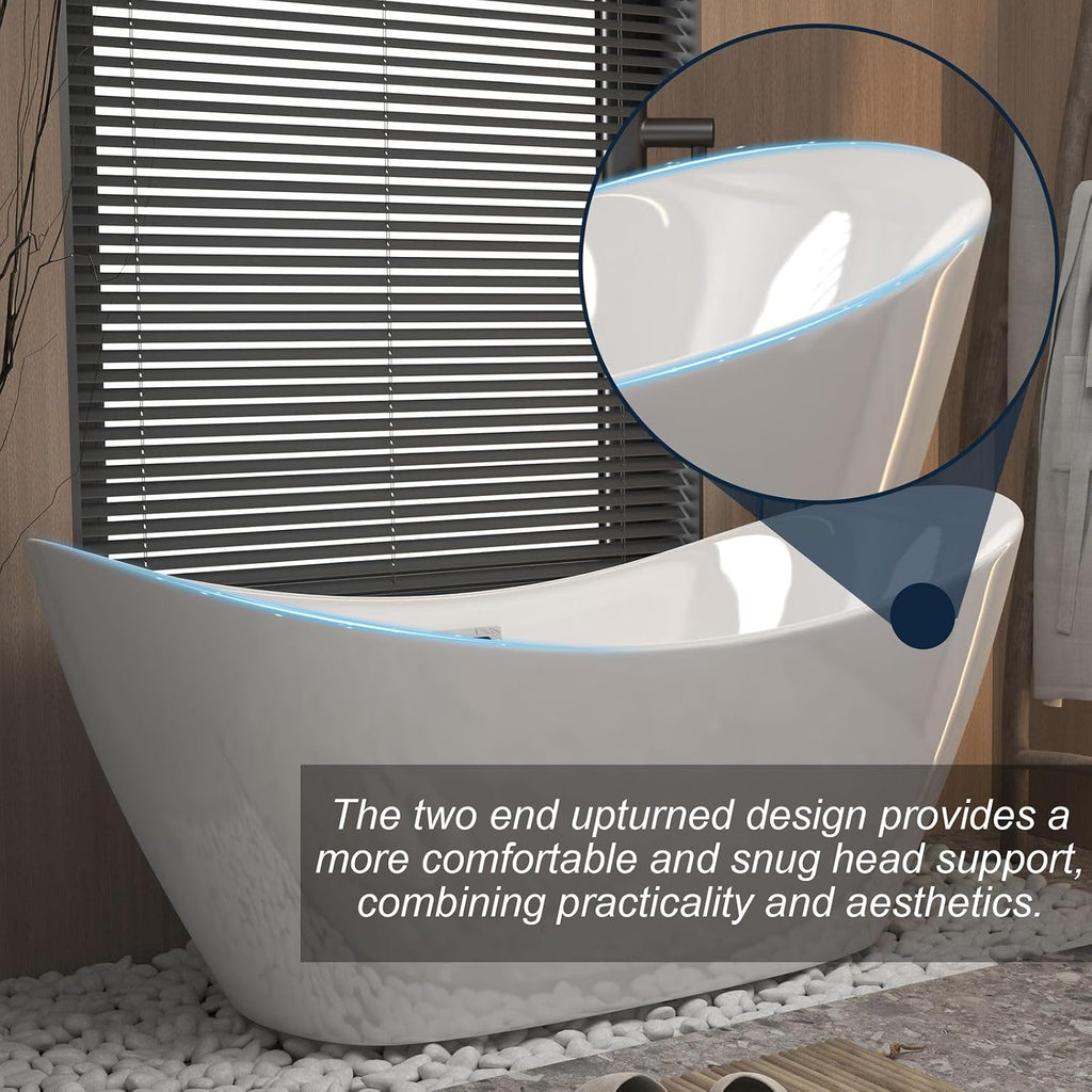 Freestanding Bathtub 59' Acrylic Contemporary Free Standing Tub Ship Shape Oval Acrylic Soaking Bath Tubs with Chrome Pop-Up Drain & Overflow, White