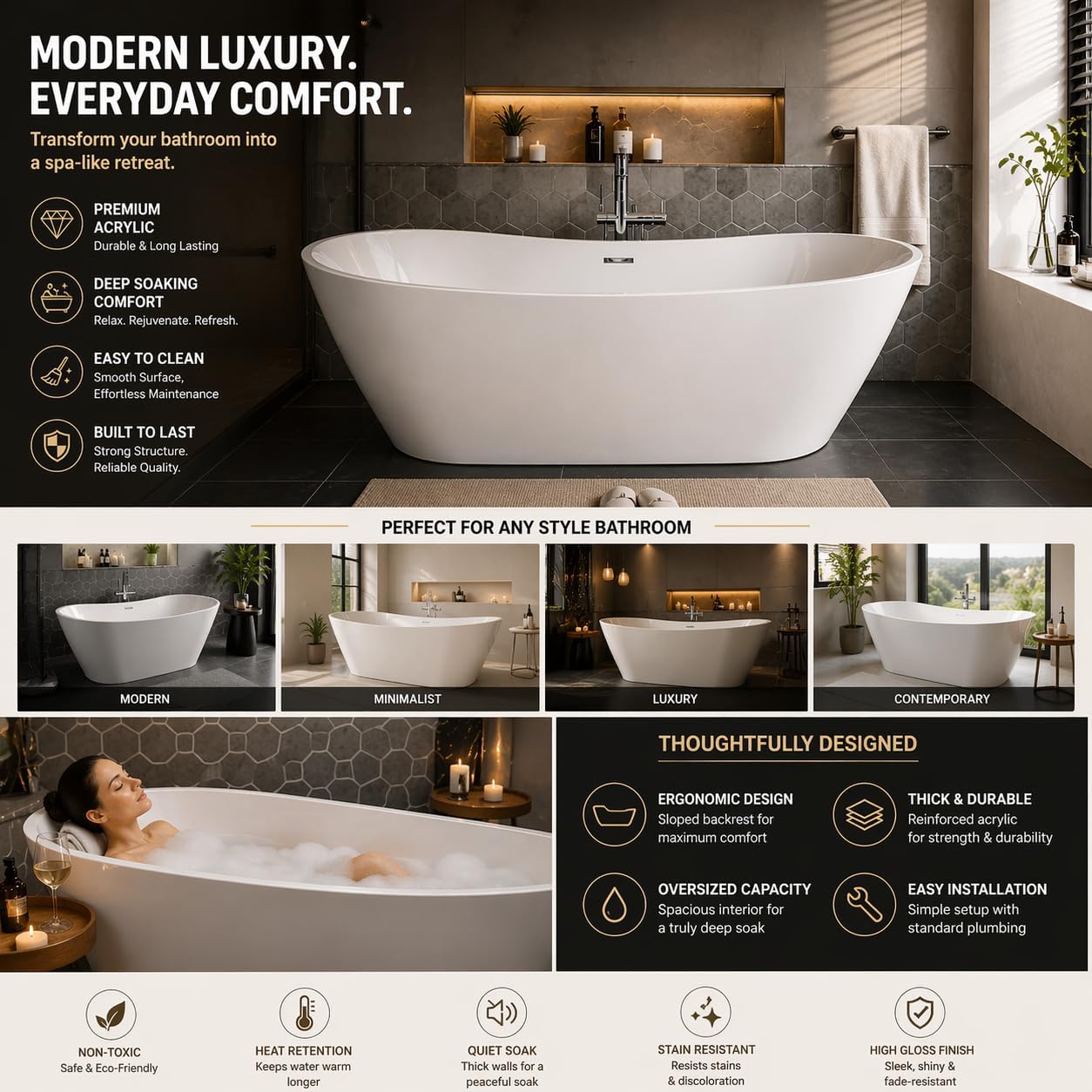 BuildMyplace Sky 67' Acrylic Freestanding Contemporary Soaking Bathtub with Glossy White Finish, Oval Shape, Chrome Plated Drain Cover & Pop Up-Overflow Hole