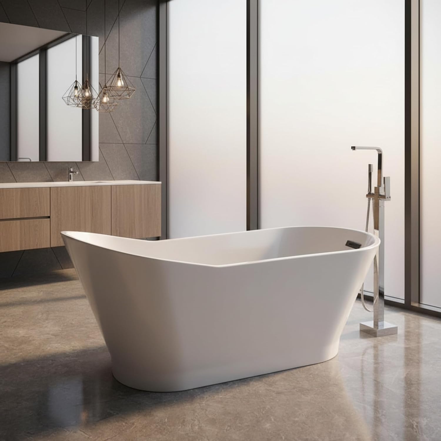 Melun 67' Freestanding Acrylic Bathtub with Chrome Drain, Glossy White Seamless Soaking Tub, Fiberglass Reinforced with Leveling Legs, 52 Gal Capacity