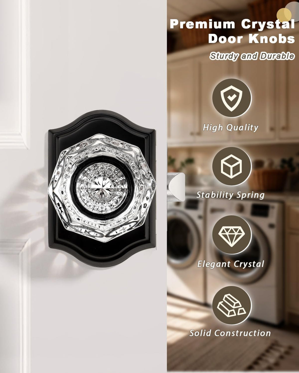 Gobrico 6 Pack Clear Diamond Passage Door Knobs,Matte Black Non-Locking Interior Door Handles,Octagonal Crystal Hall/Closet Door Knob,Arched Rosette